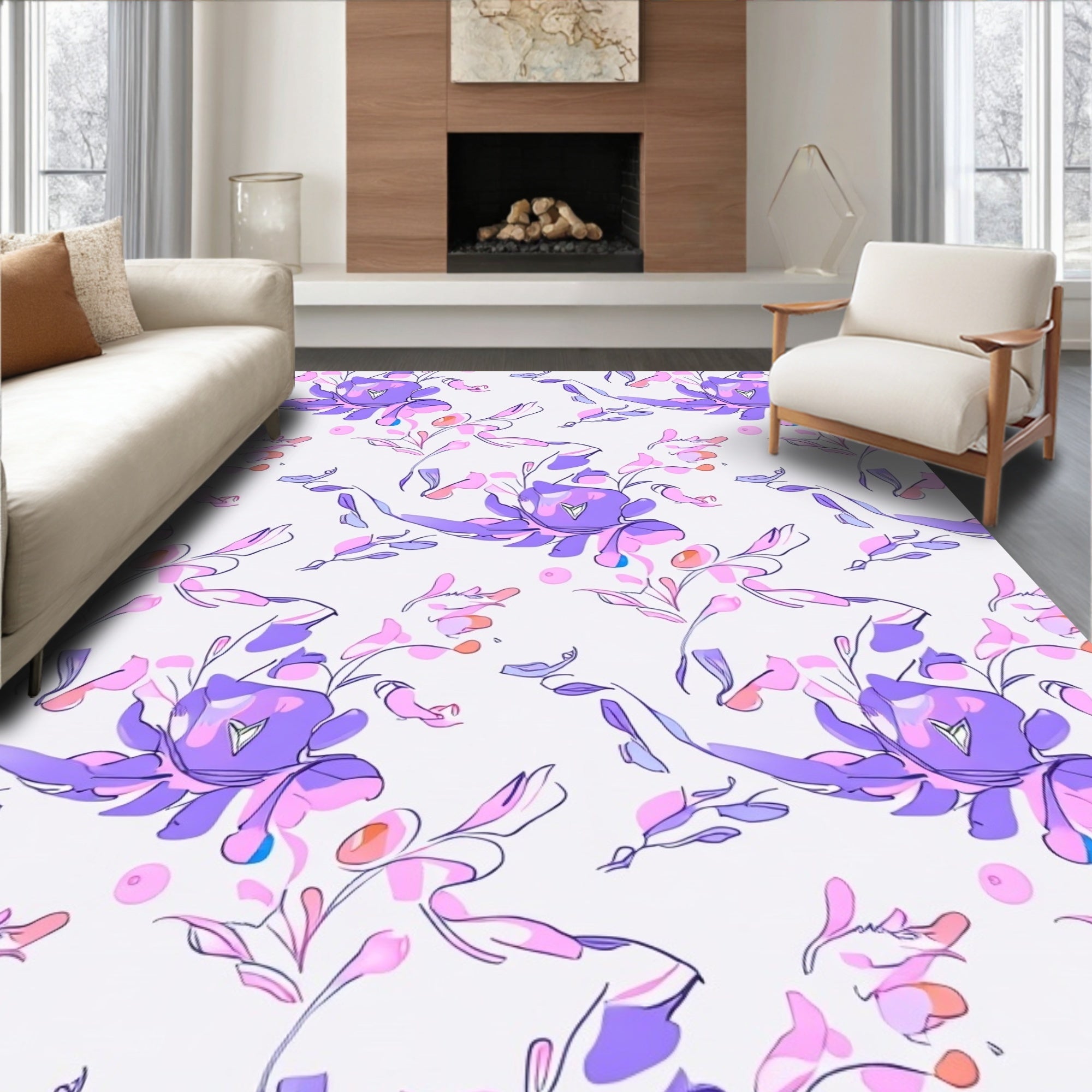 Soft Purple Pink Floral Sketch Rug