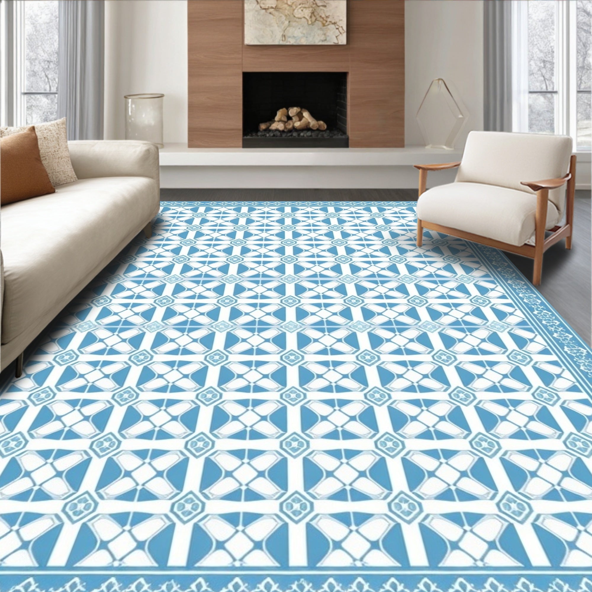 Classic Blue White Geometric Motif Rug