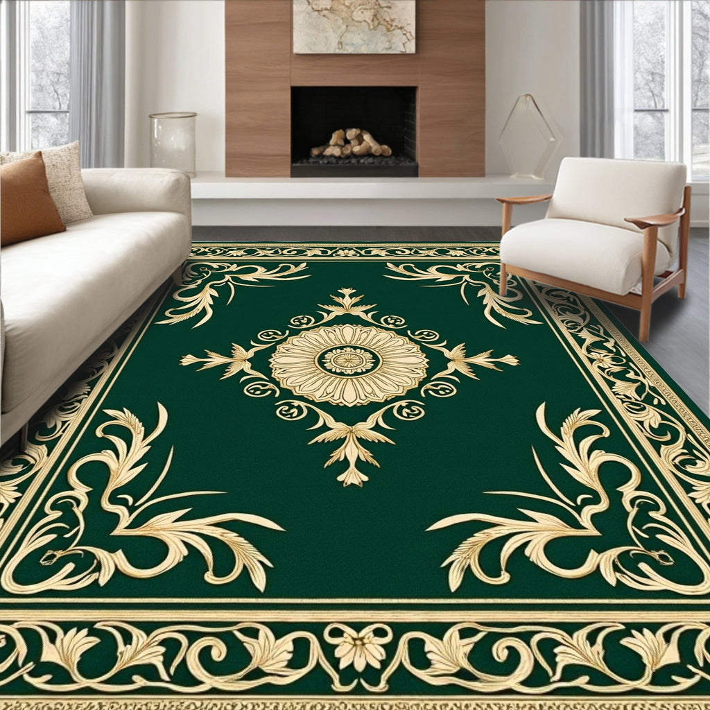 Emerald Gold Intricate Floral Border Rug