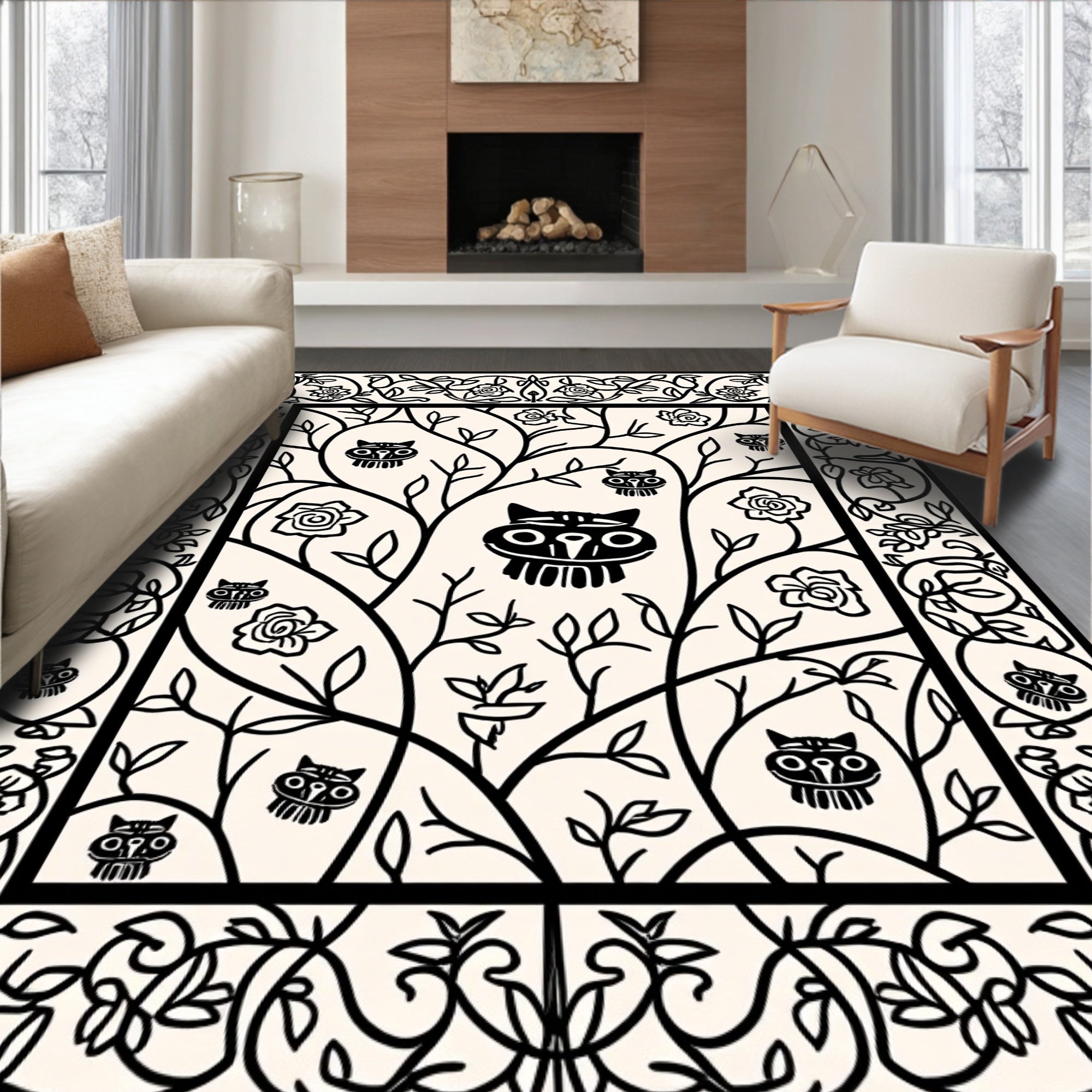 Black White Folk Art Woodland Creatures Rug