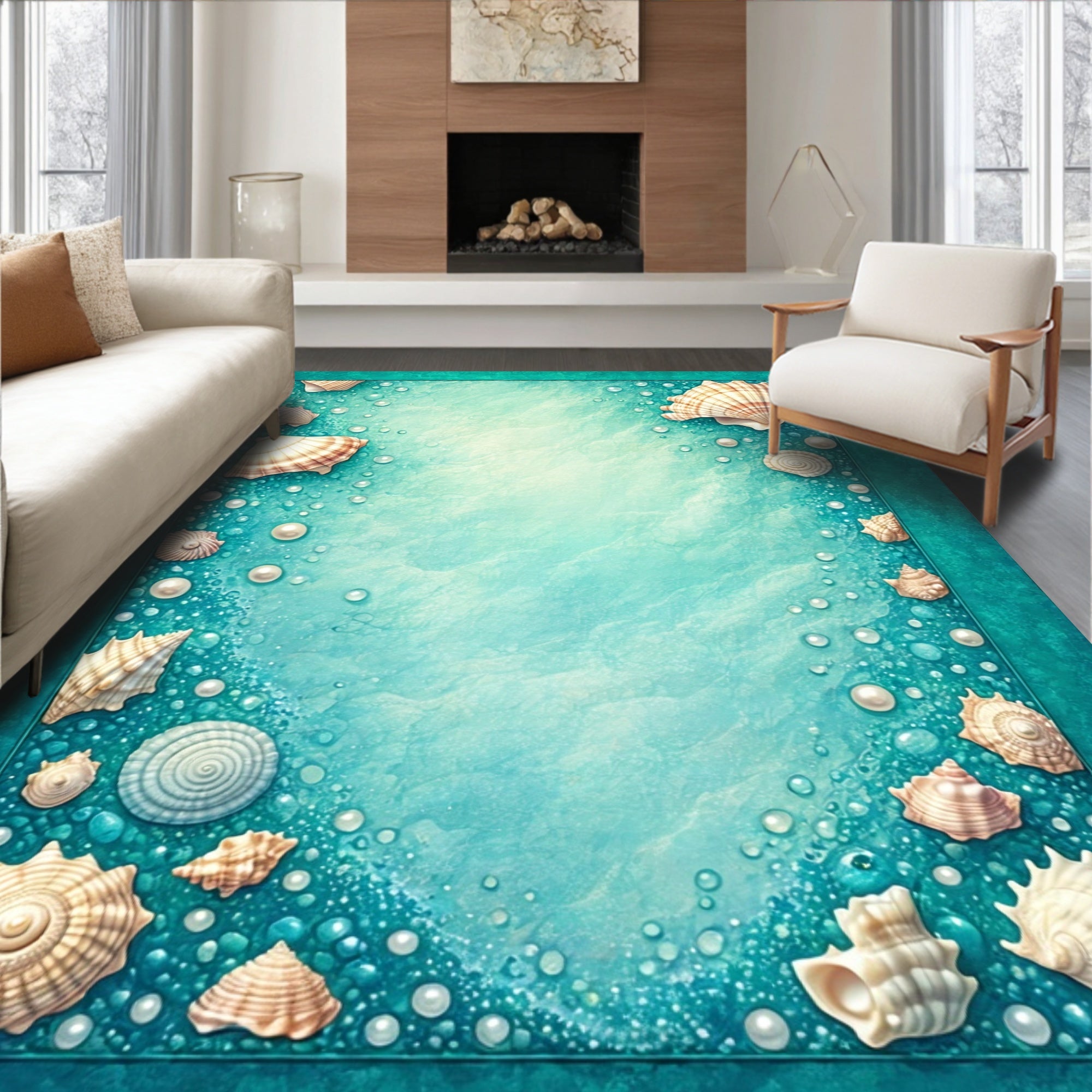 Seashells and Pearls Aquatic Border Rug