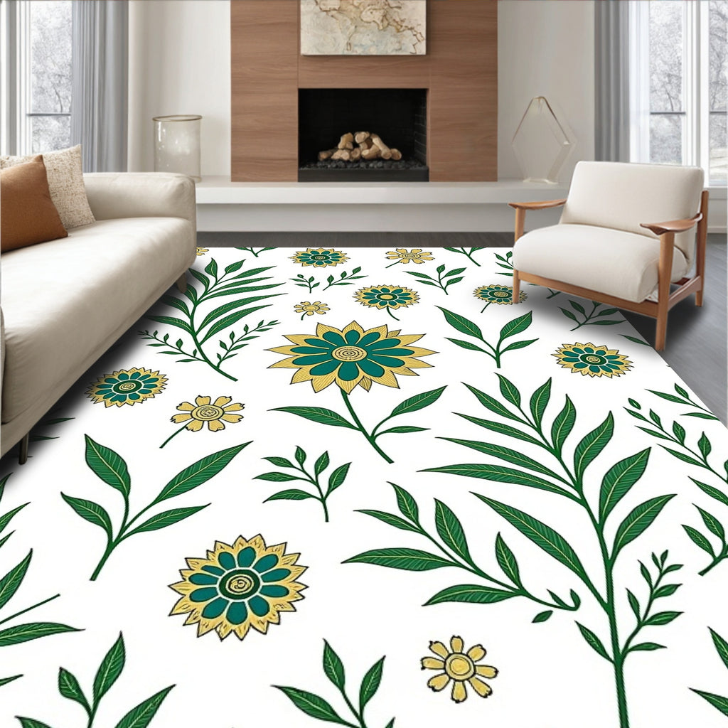 Teal Yellow Floral Foliage Pattern Rug