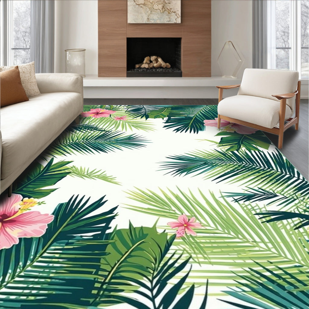 Vibrant Tropical Foliage And Hibiscus Design Rug