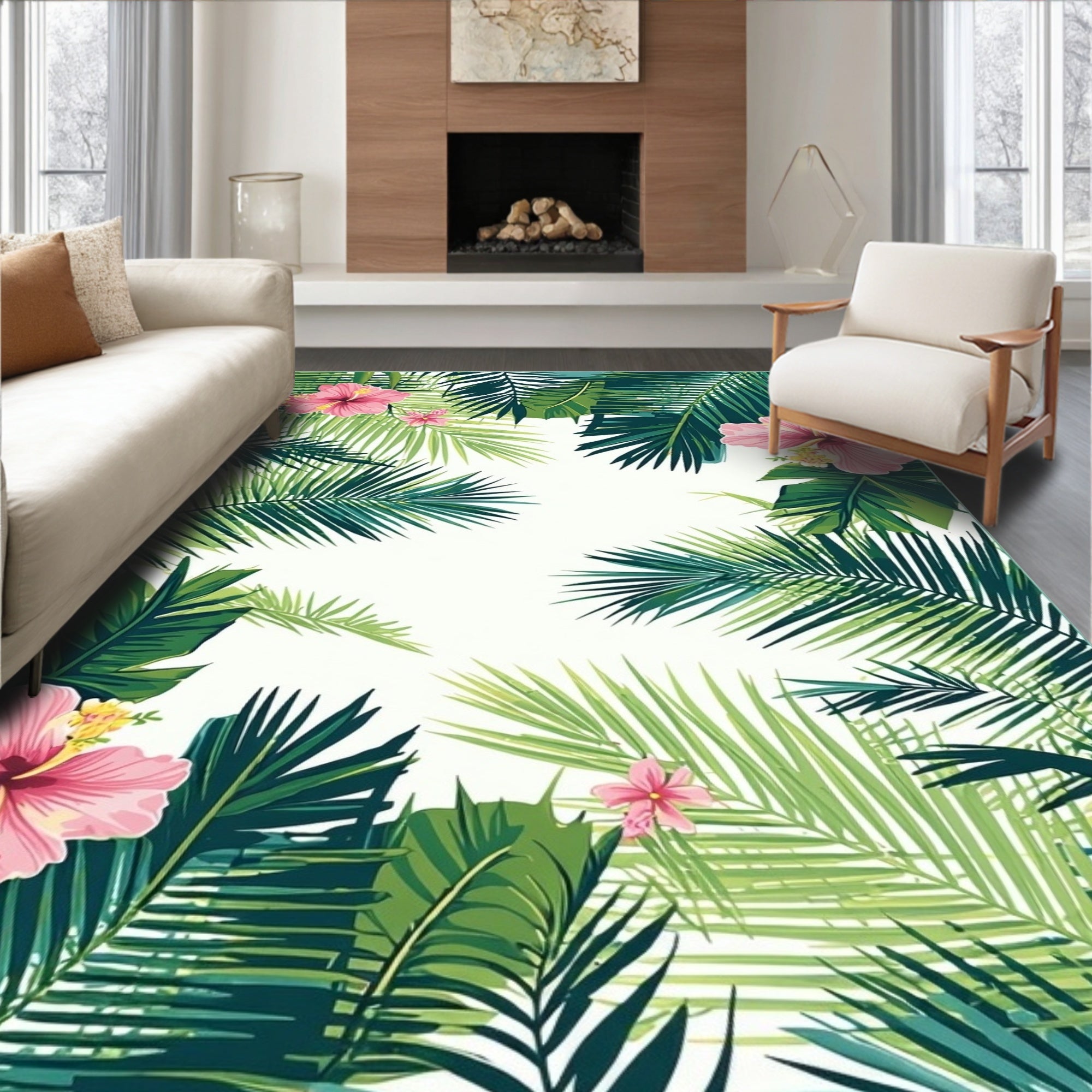Vibrant Tropical Foliage And Hibiscus Design Rug