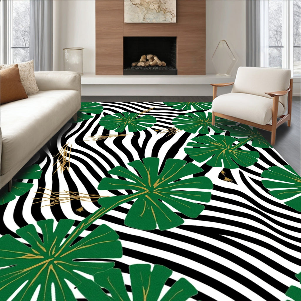 Green Tropical Leaves Zebra Print Rug