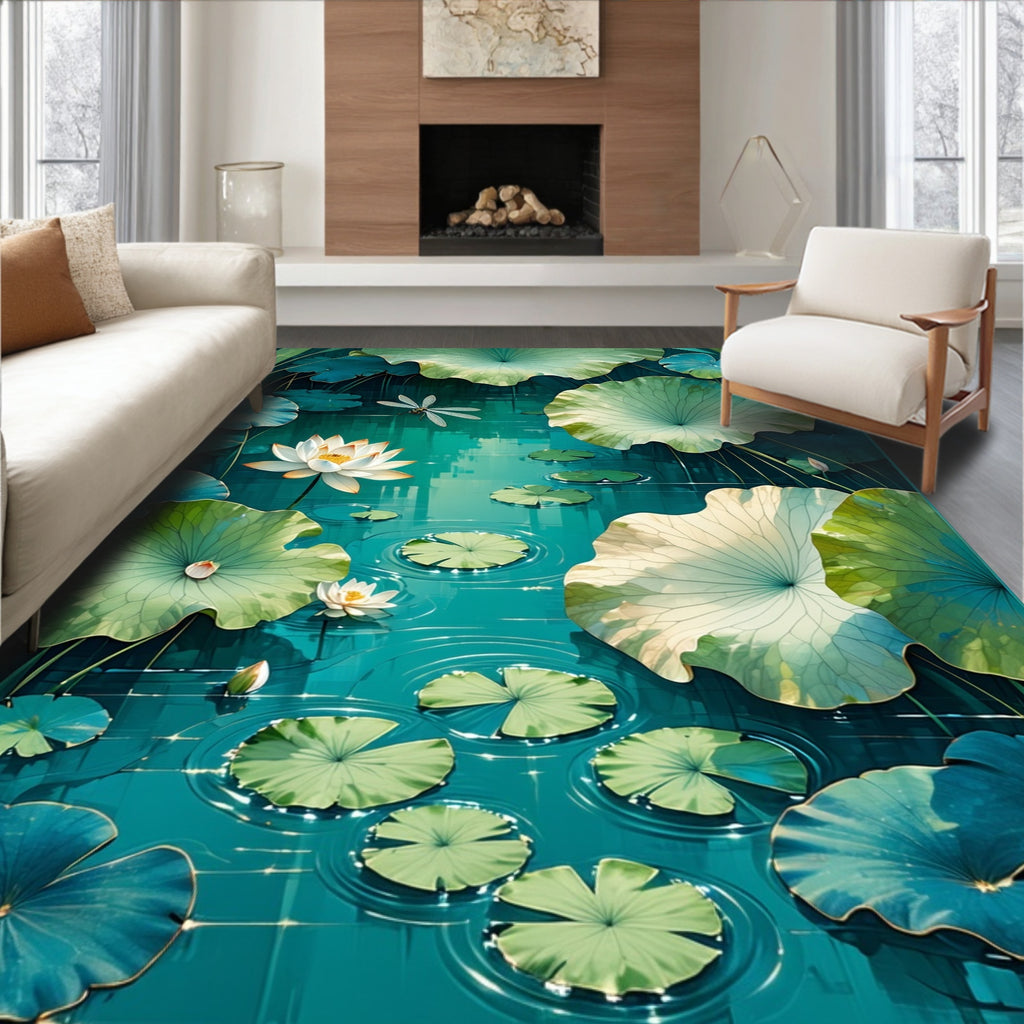 Serene Water Lily Dragonfly Pond Design Rug