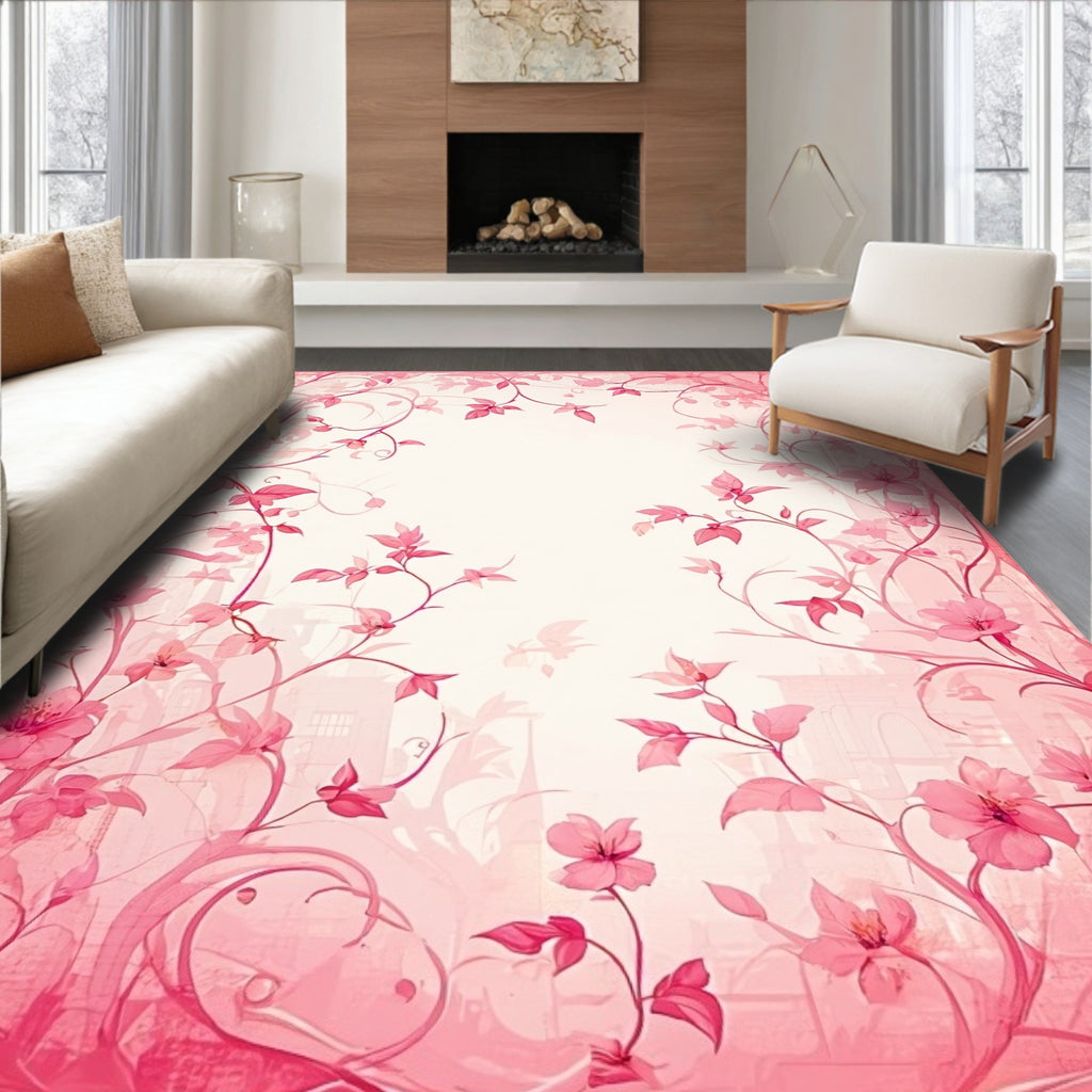 Pink Floral Swirls Decorative Border Rug