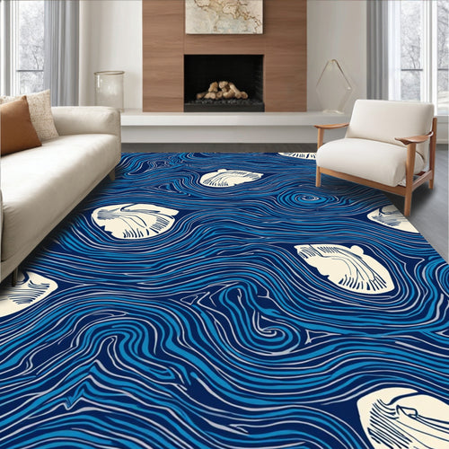 Abstract Blue Swirls With Shell Shapes Rug