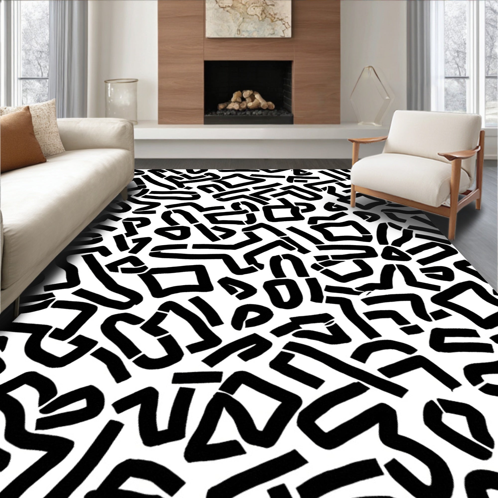 Abstract Black Geometric Pattern Rug