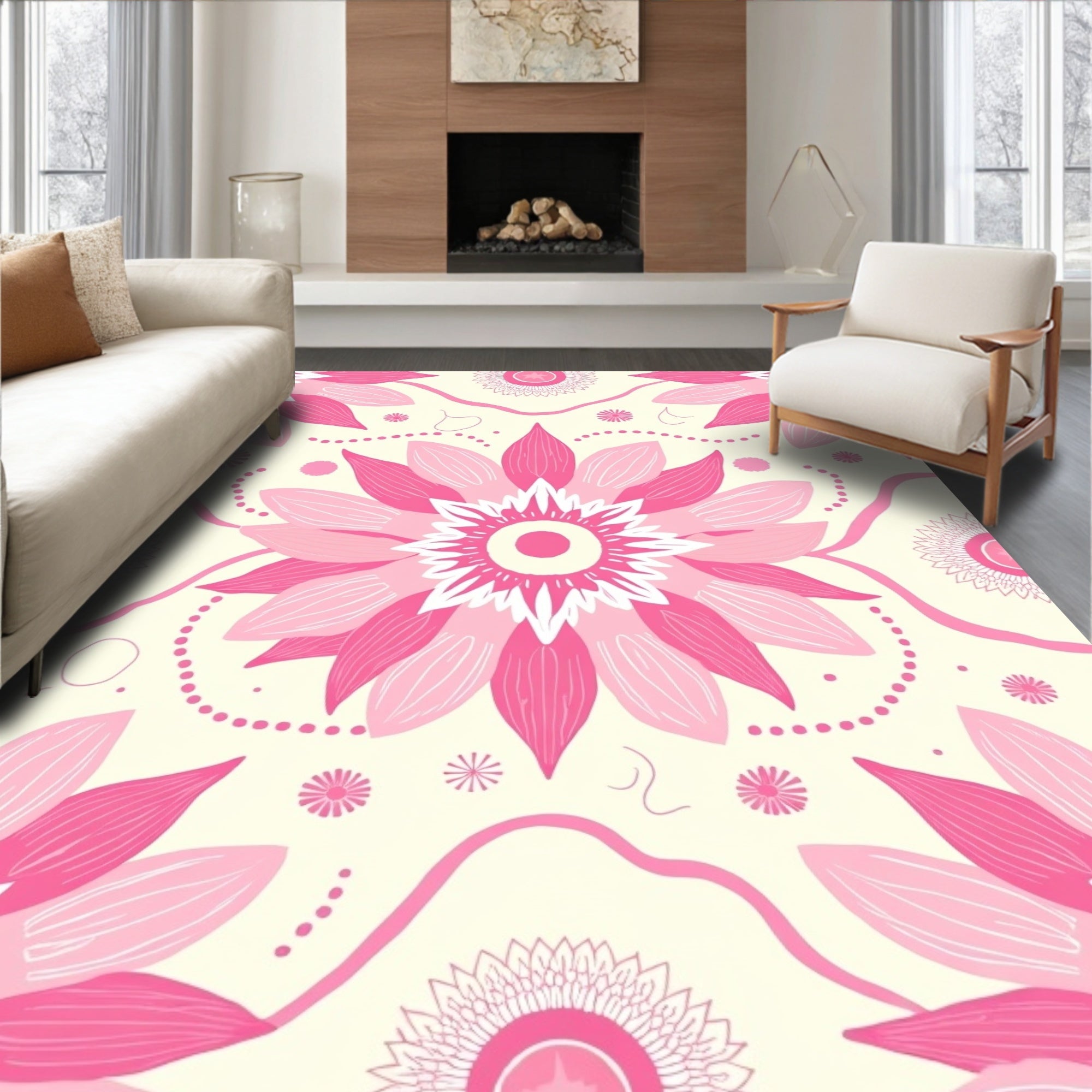Pink Floral Mandala Pattern Rug