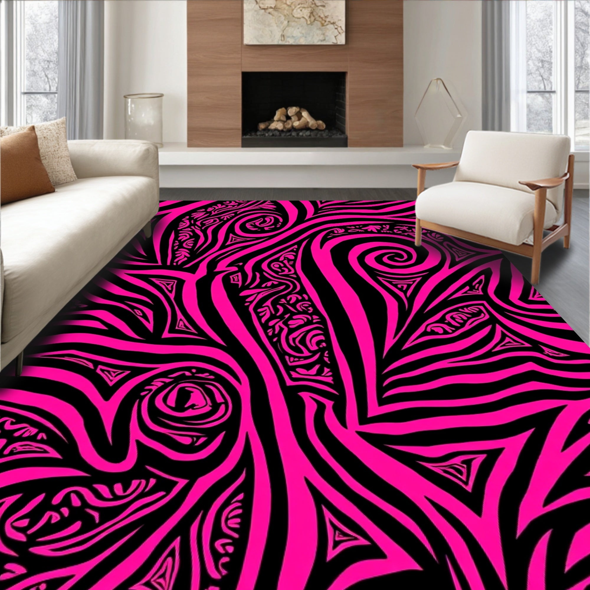 Bold Hot Pink Tribal Swirl Pattern Rug
