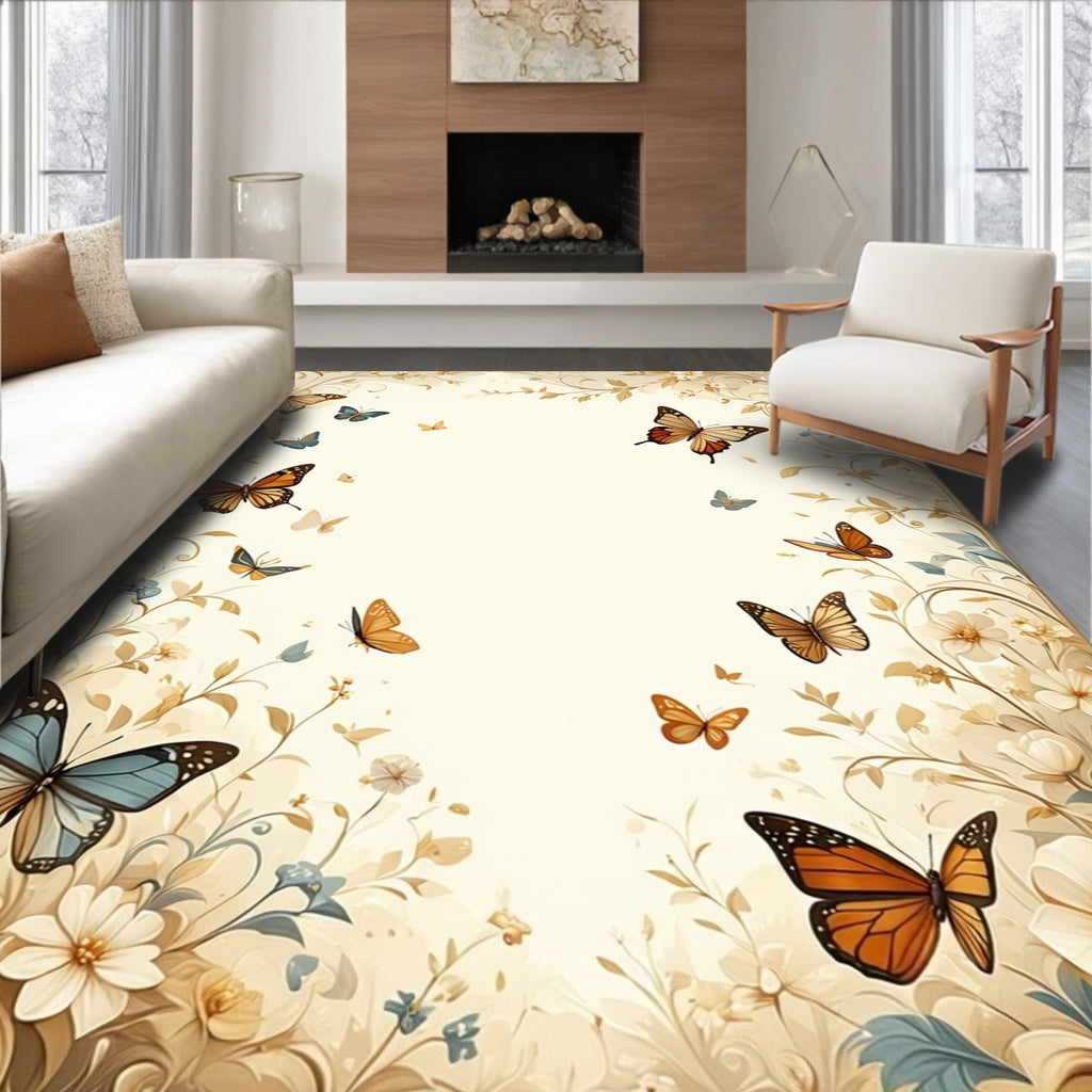 Elegant Butterfly and Floral Whimsical Pattern Rug