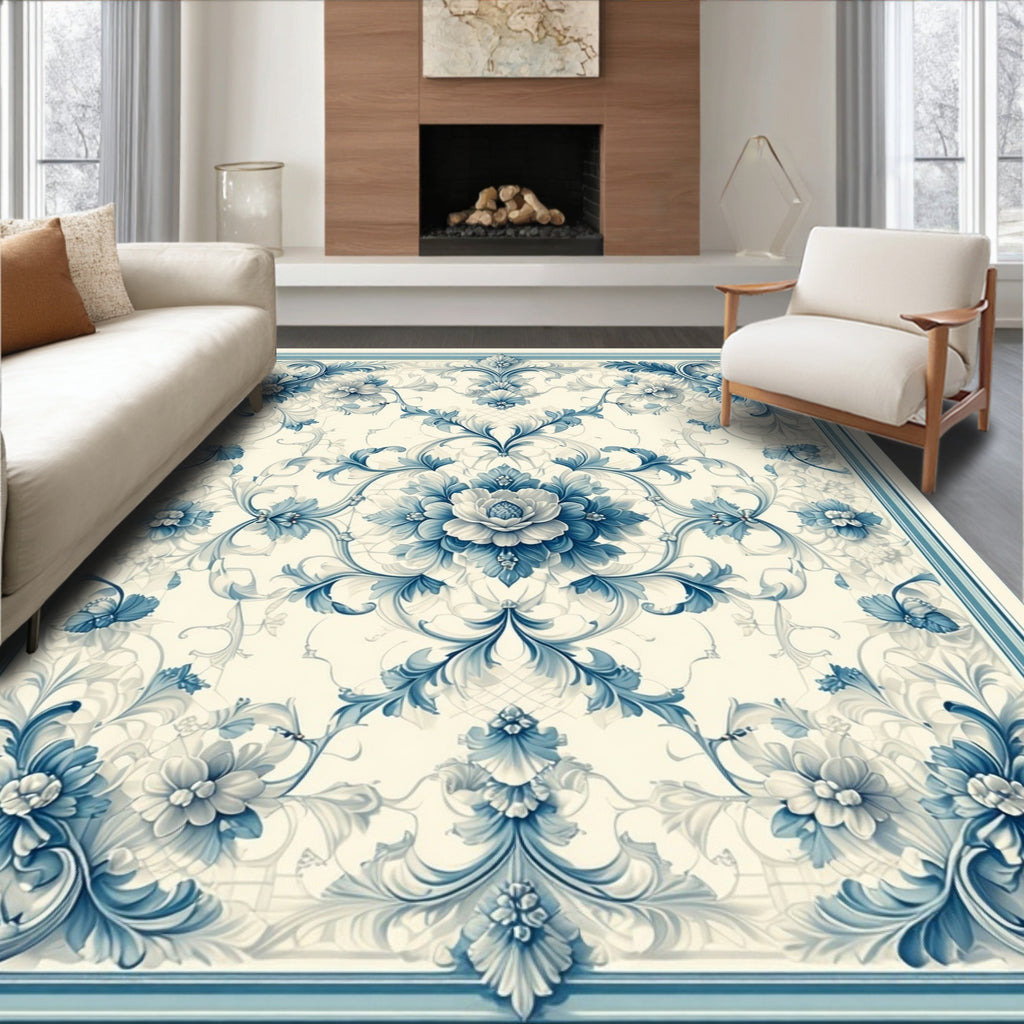 Classic Blue Floral Damask Rug