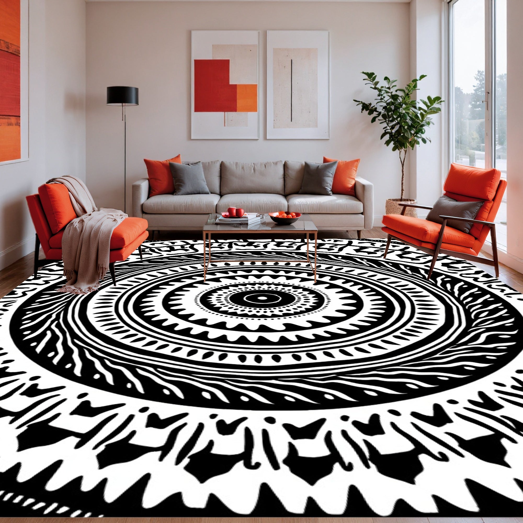 Black White Intricate Mandala Pattern Rug
