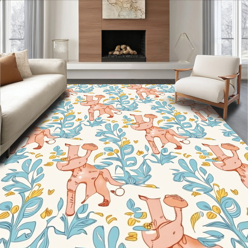 Whimsical Pink Creatures Floral Lawn Rug
