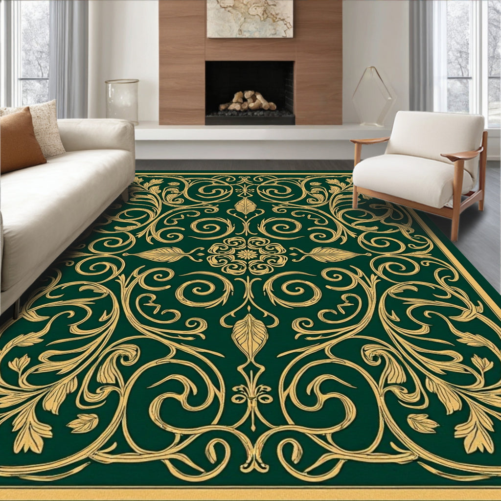 Ornate Green Gold Floral Pattern Rug