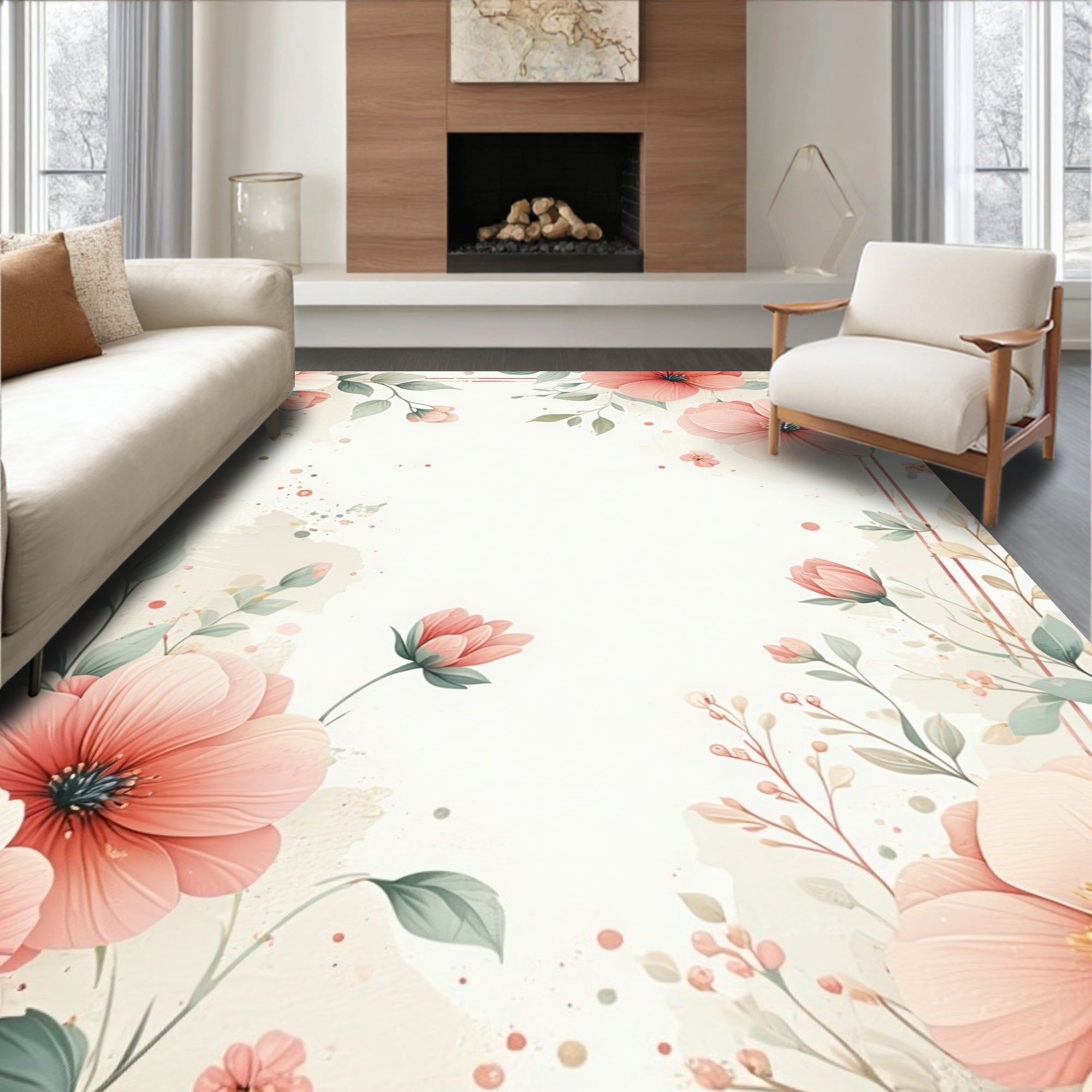 Soft Pink Floral Garden Watercolor Rug