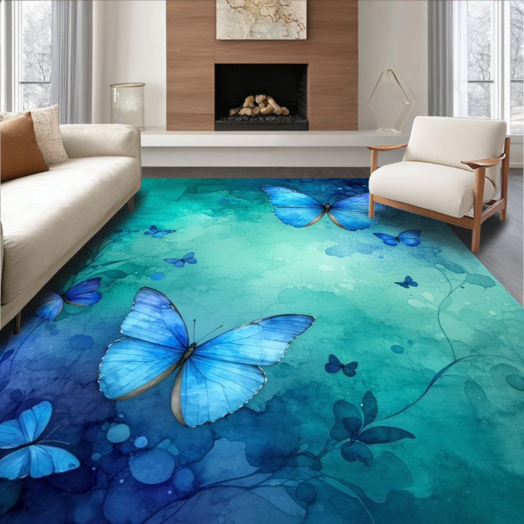Blue Butterflies on Watercolor Teal Background Rug