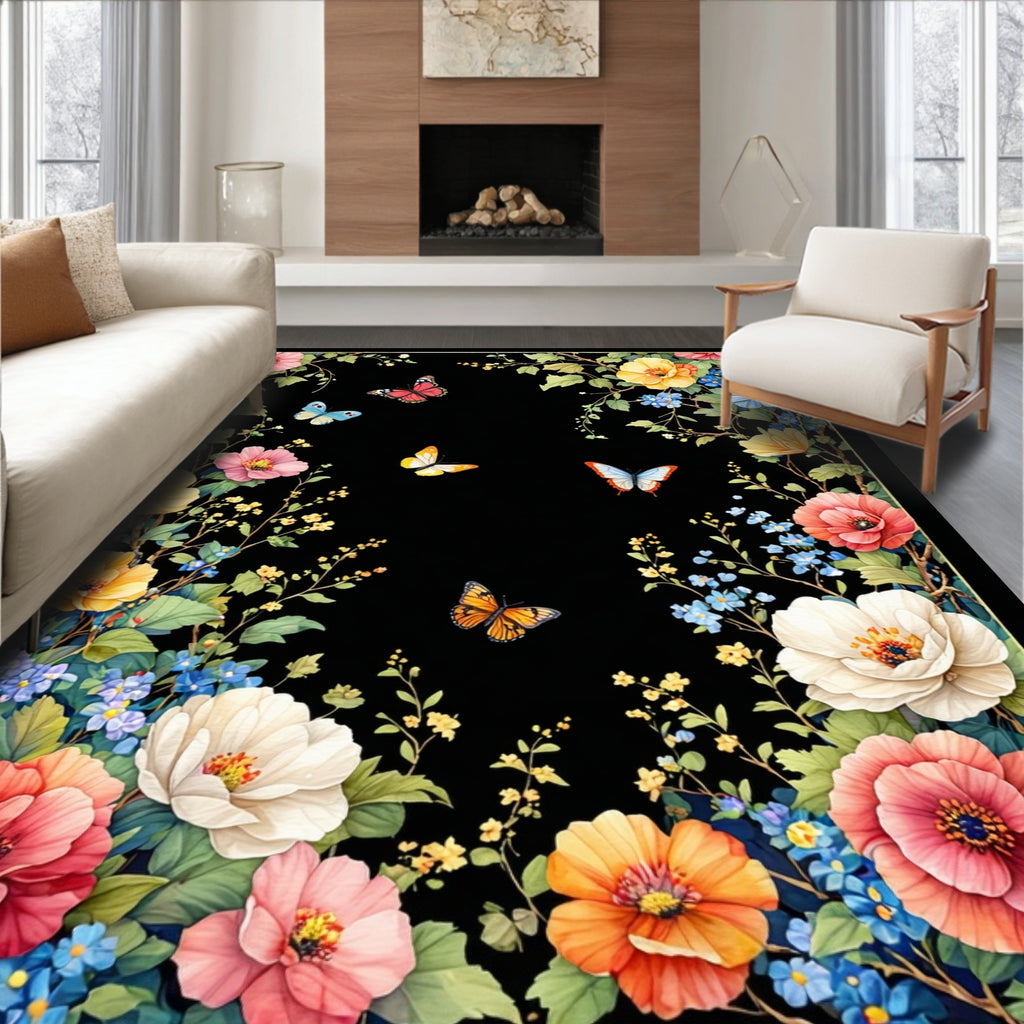 Vibrant Floral and Butterfly Pattern Rug