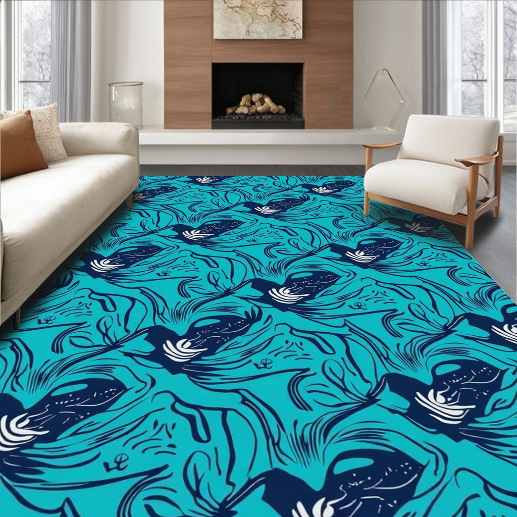 Abstract Teal Swirling Lines Design Rug