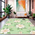 White Floral Patterned Green Rug