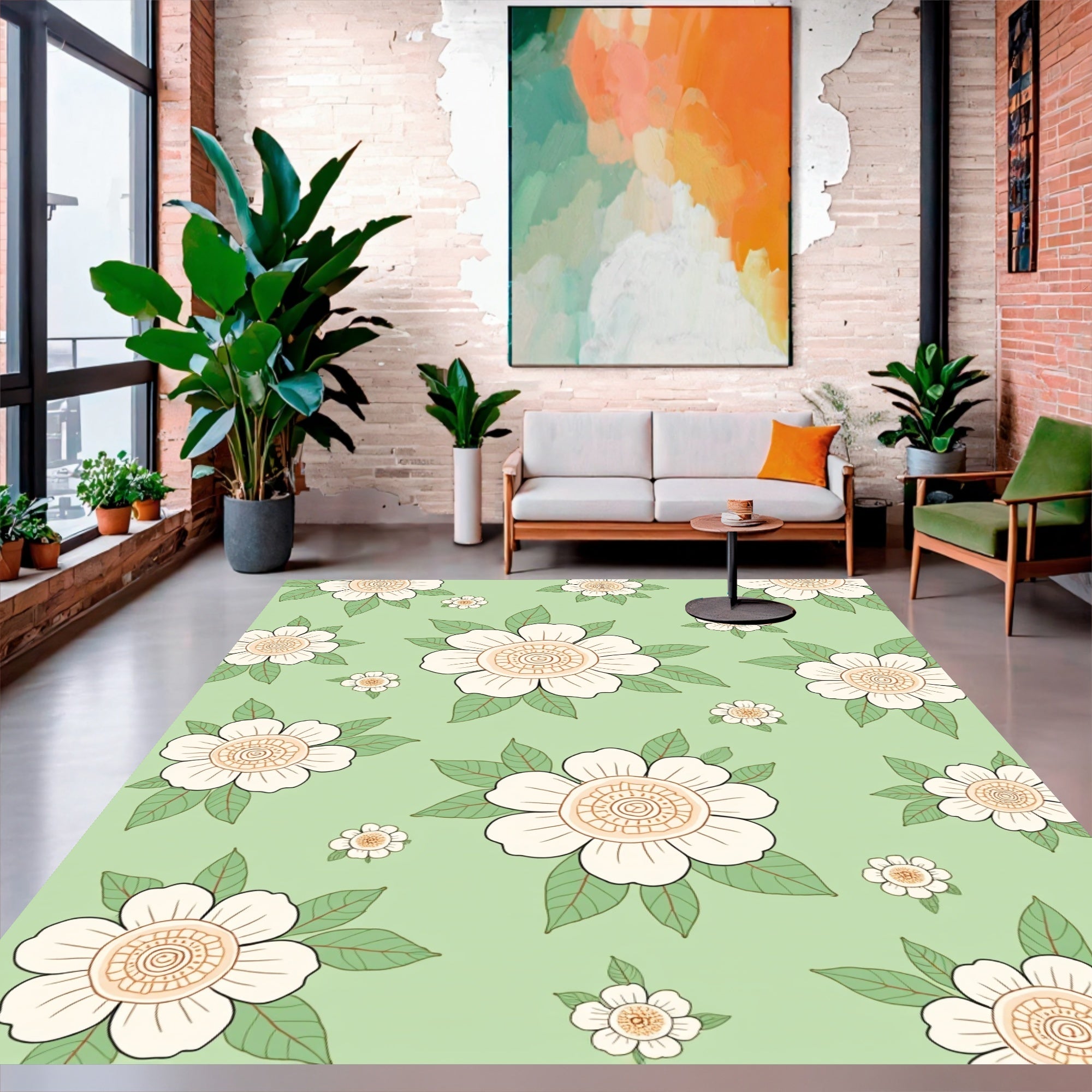 White Floral Patterned Green Rug