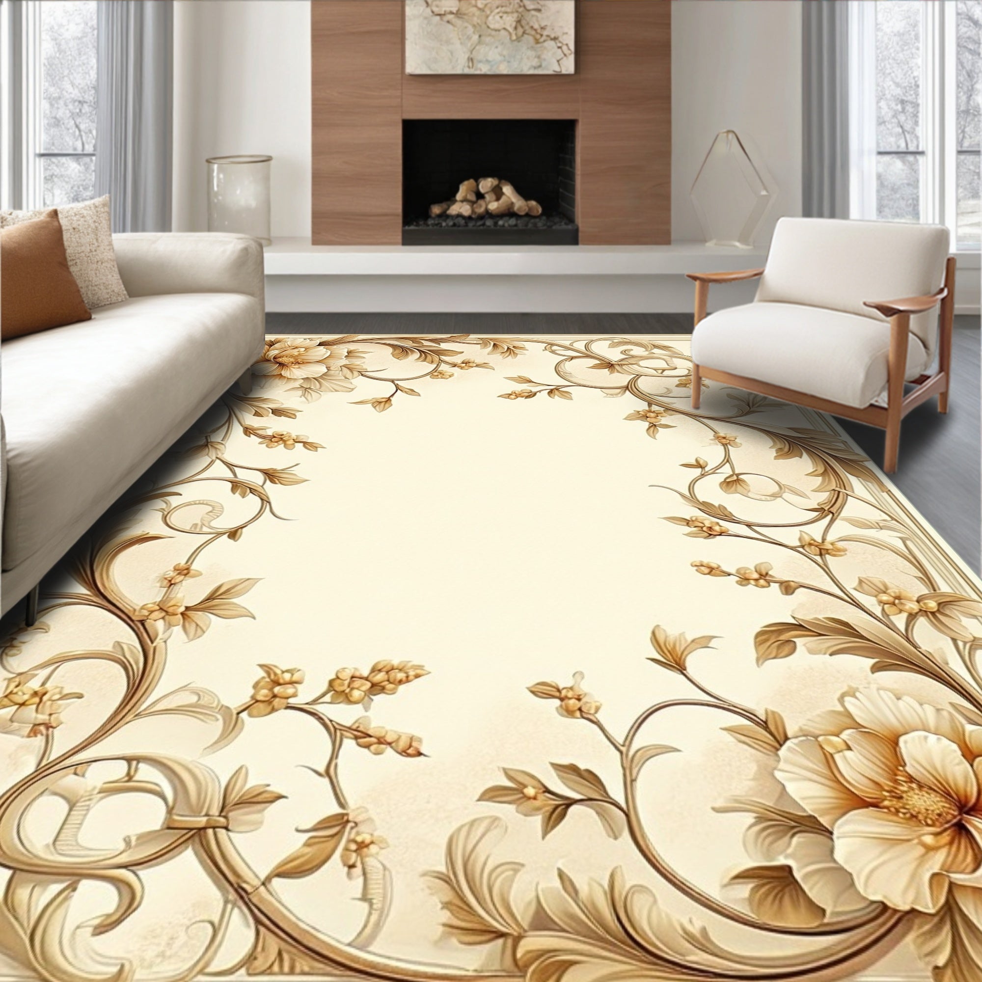 Elegant Floral Scroll Vignette Design Rug