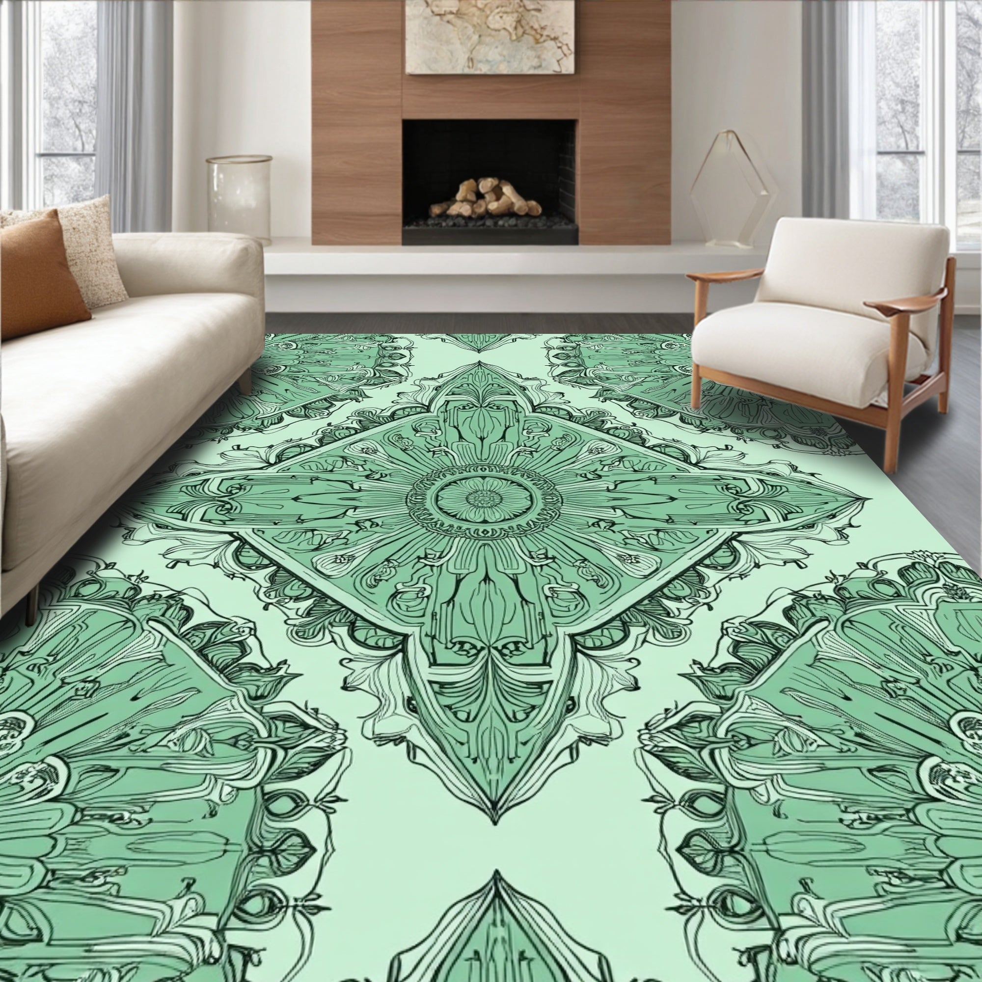 Intricate Floral Mandala Green Pattern Rug