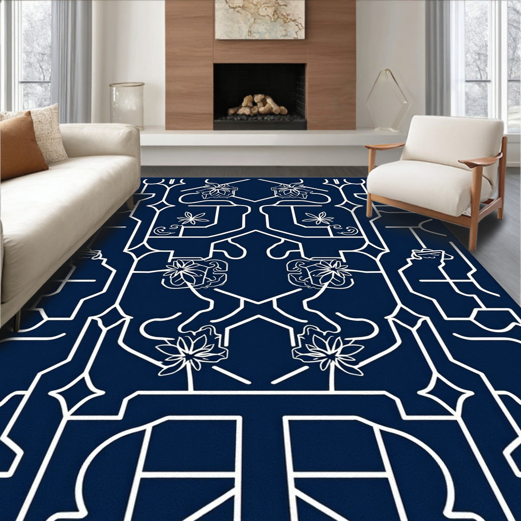 Navy White Floral Gate Composition Rug