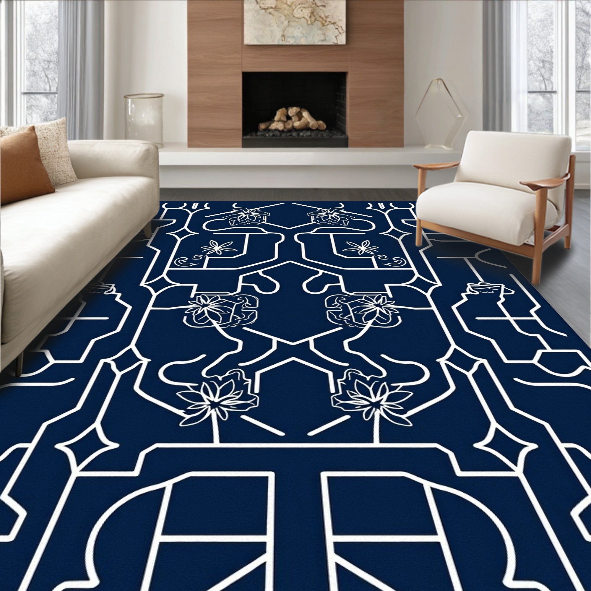 Navy White Floral Gate Composition Rug
