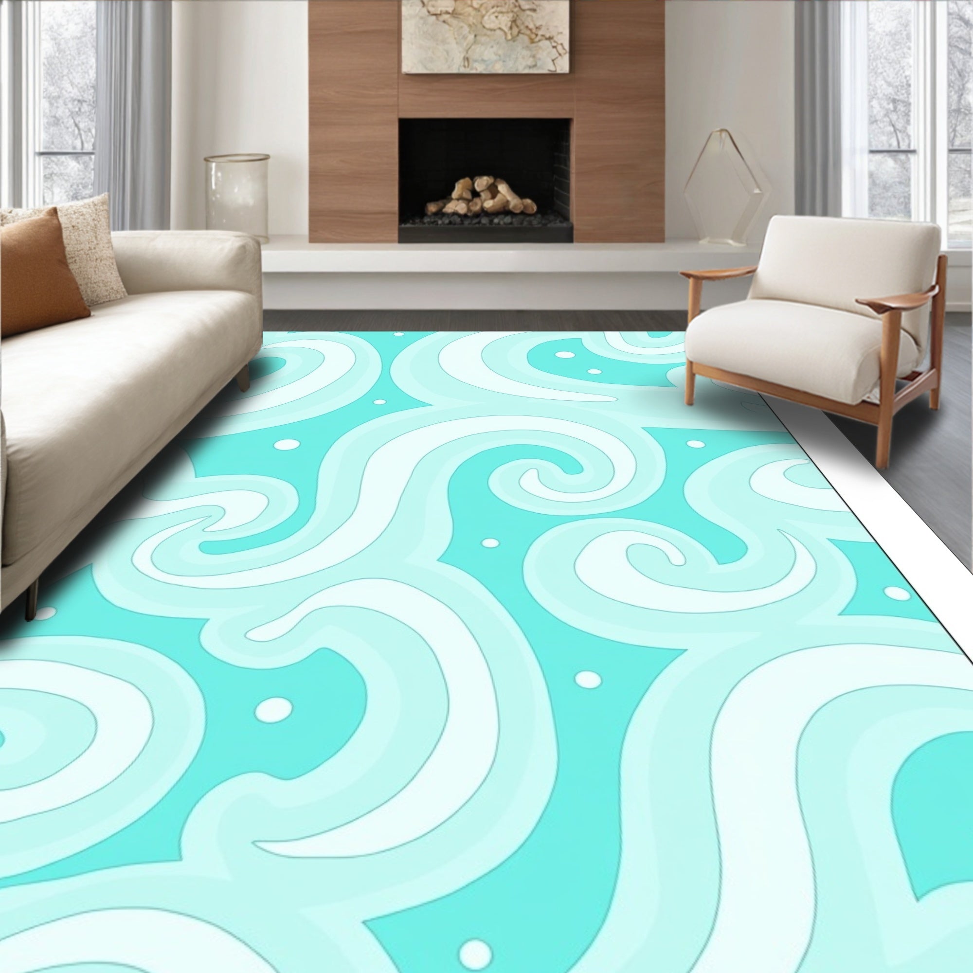 Cool Aqua Swirls and Dots Pattern Rug