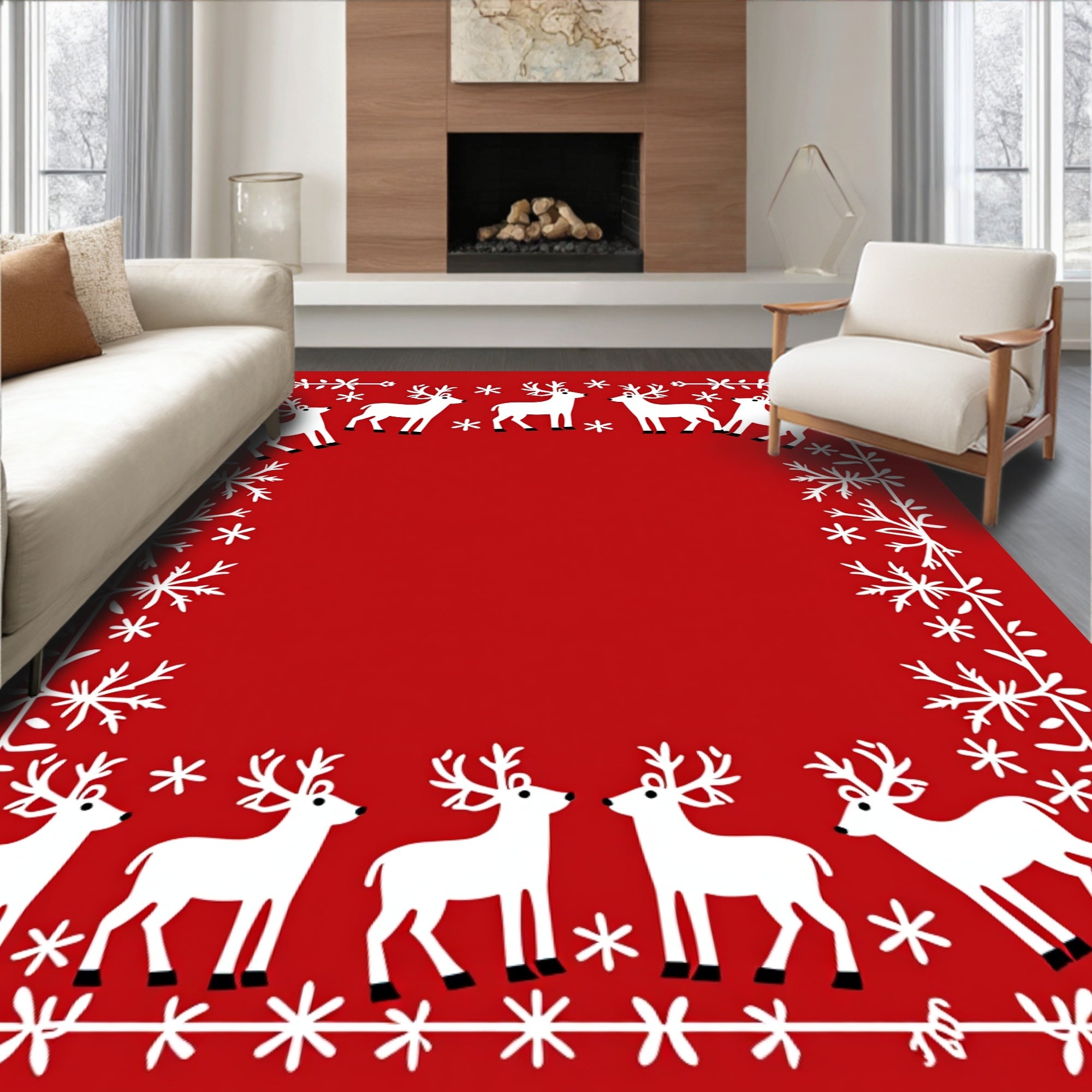 White Deer Snowflakes Festive Border Rug