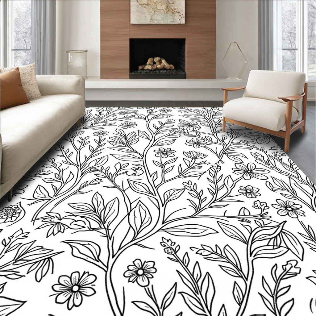 Delicate Floral Vine Outline Design Rug