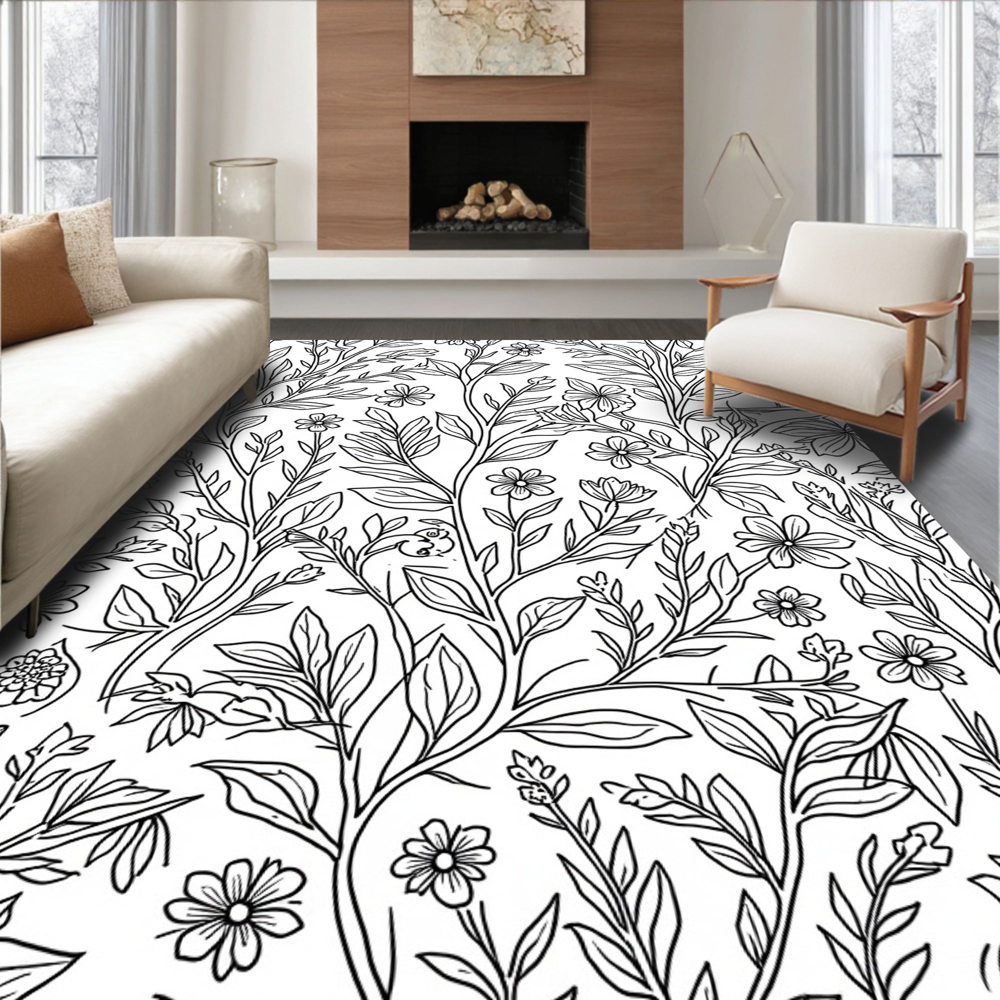 Delicate Floral Vine Outline Design Rug