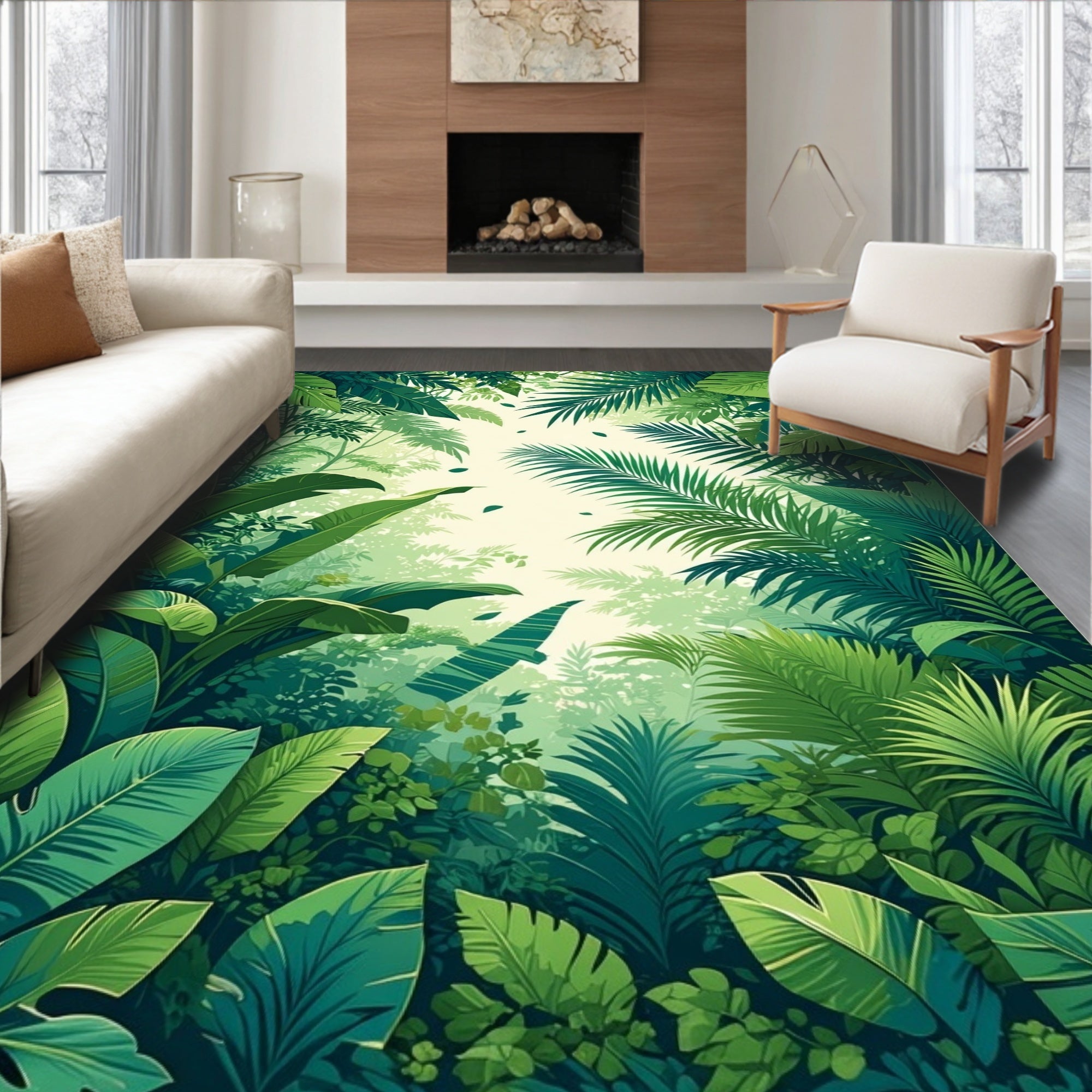 Tropical Lush Green Jungle Foliage Rug