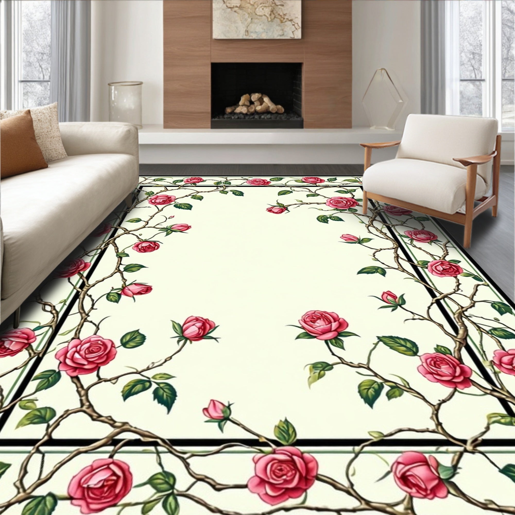 Floral Vine With Pink Roses Design Rug