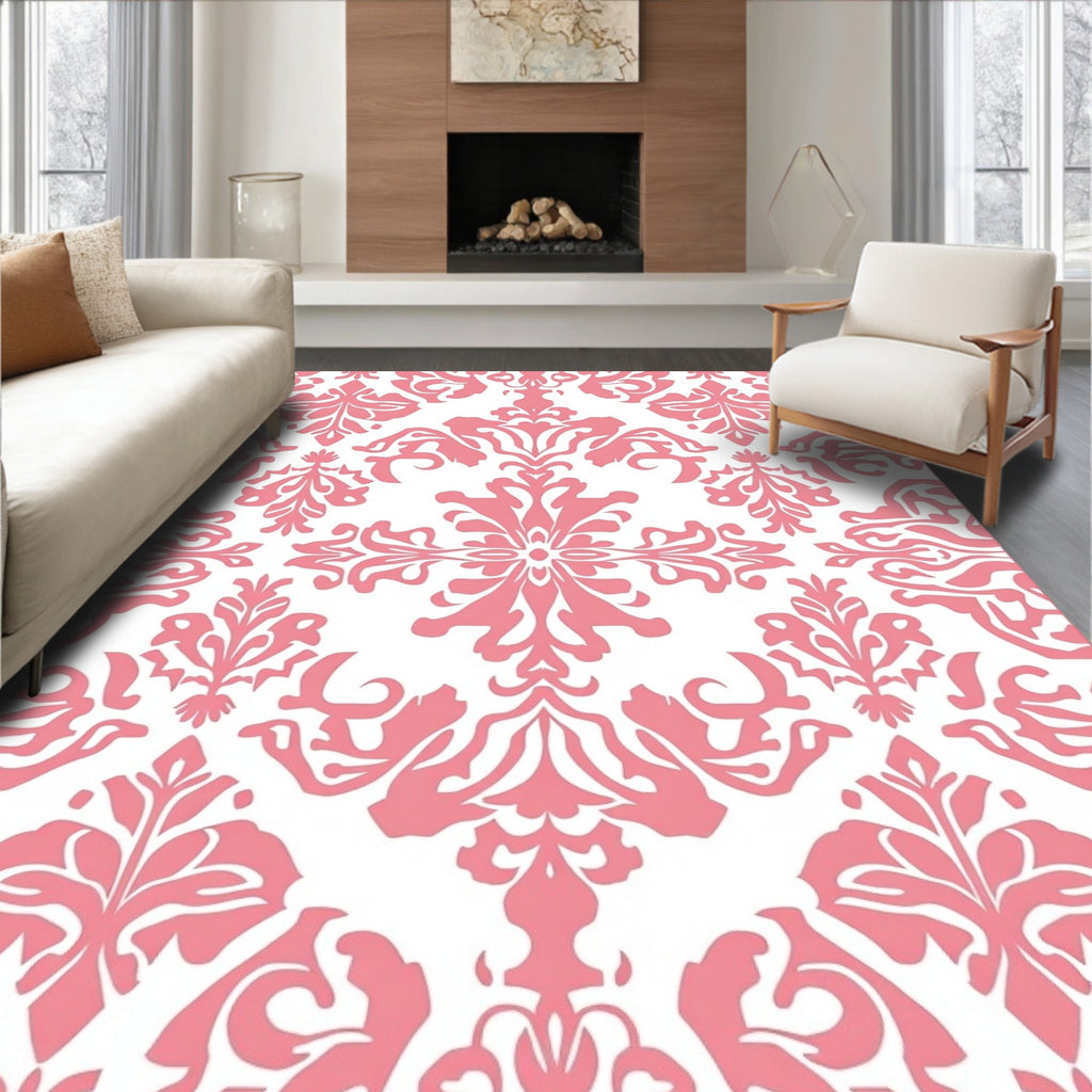 Ornate Pink Floral Damask Pattern Rug
