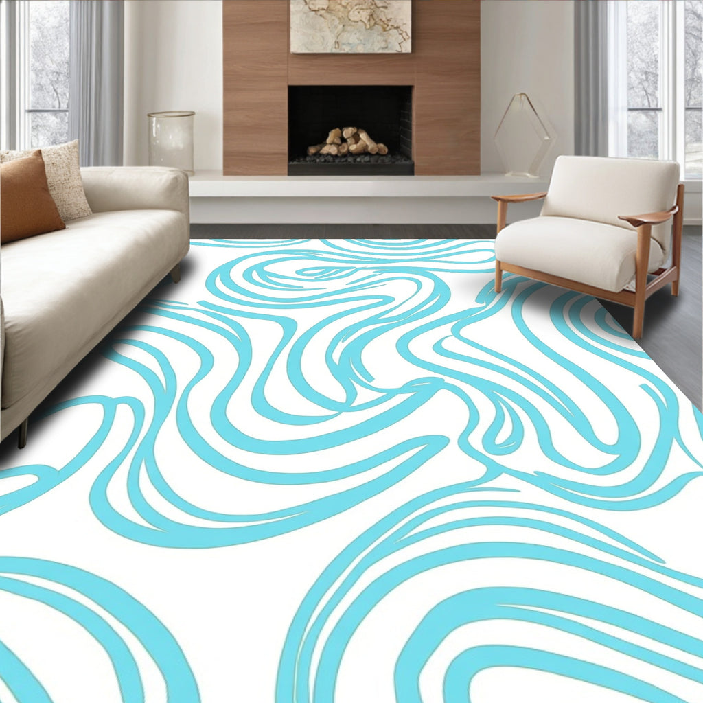 Curvy Blue Line Abstract Design Rug
