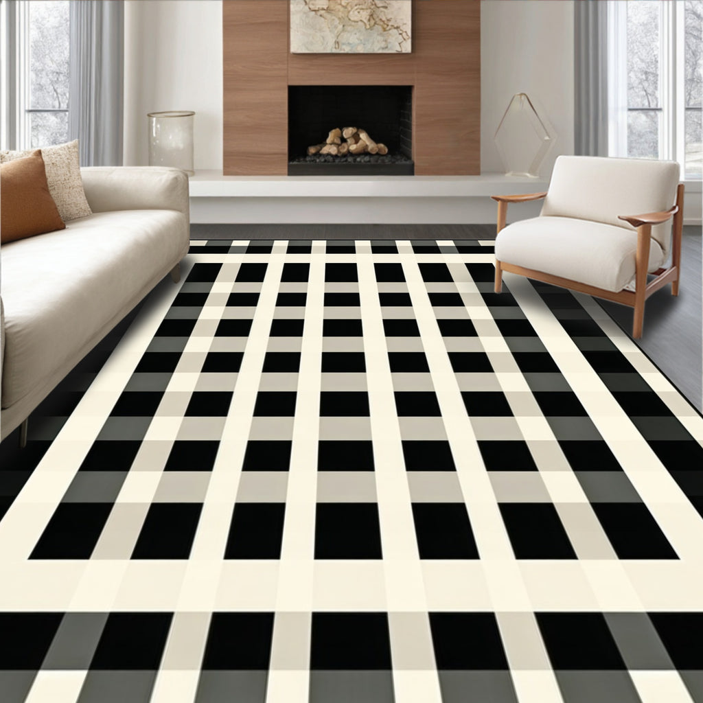 Modern Black Cream Grid Pattern Rug