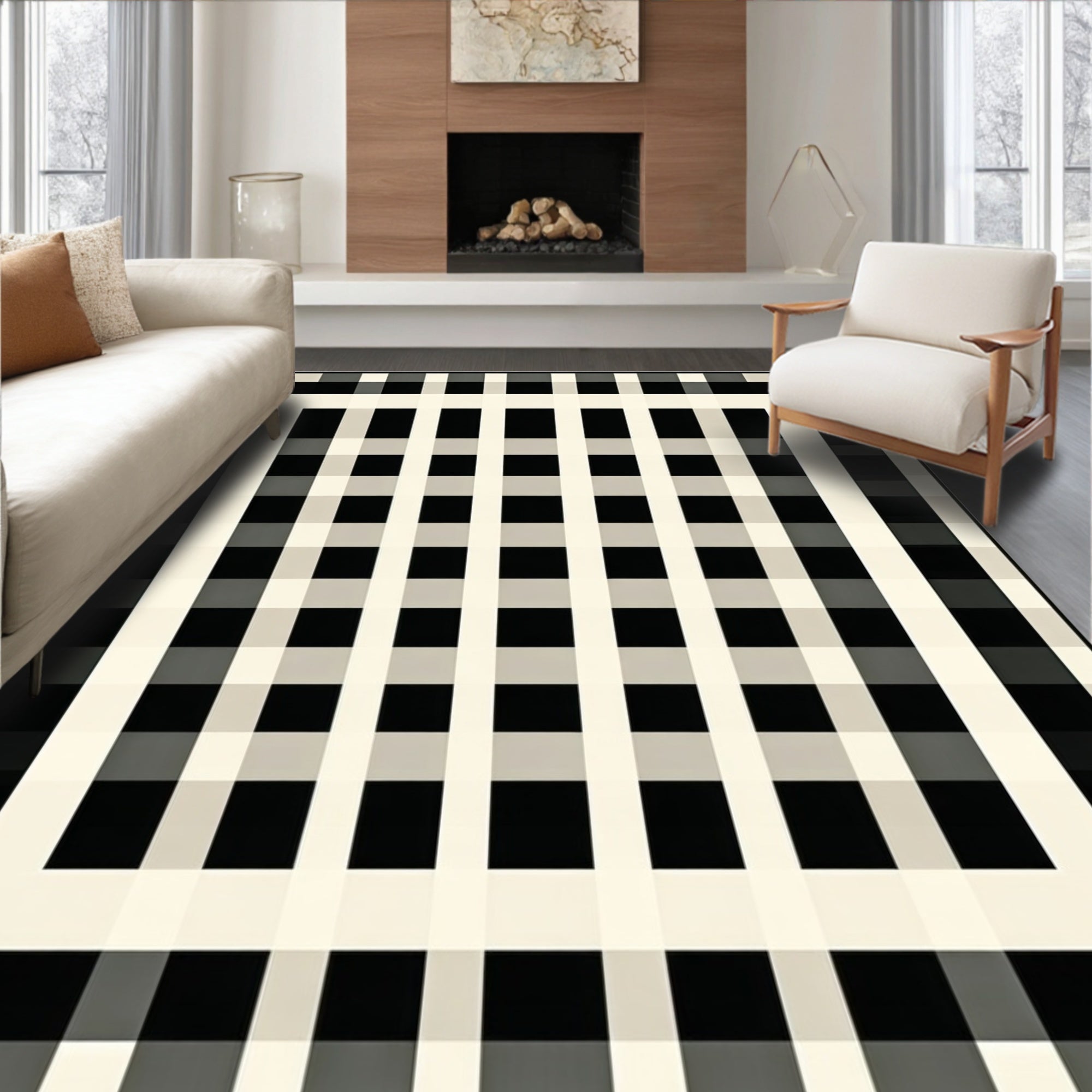 Modern Black Cream Grid Pattern Rug