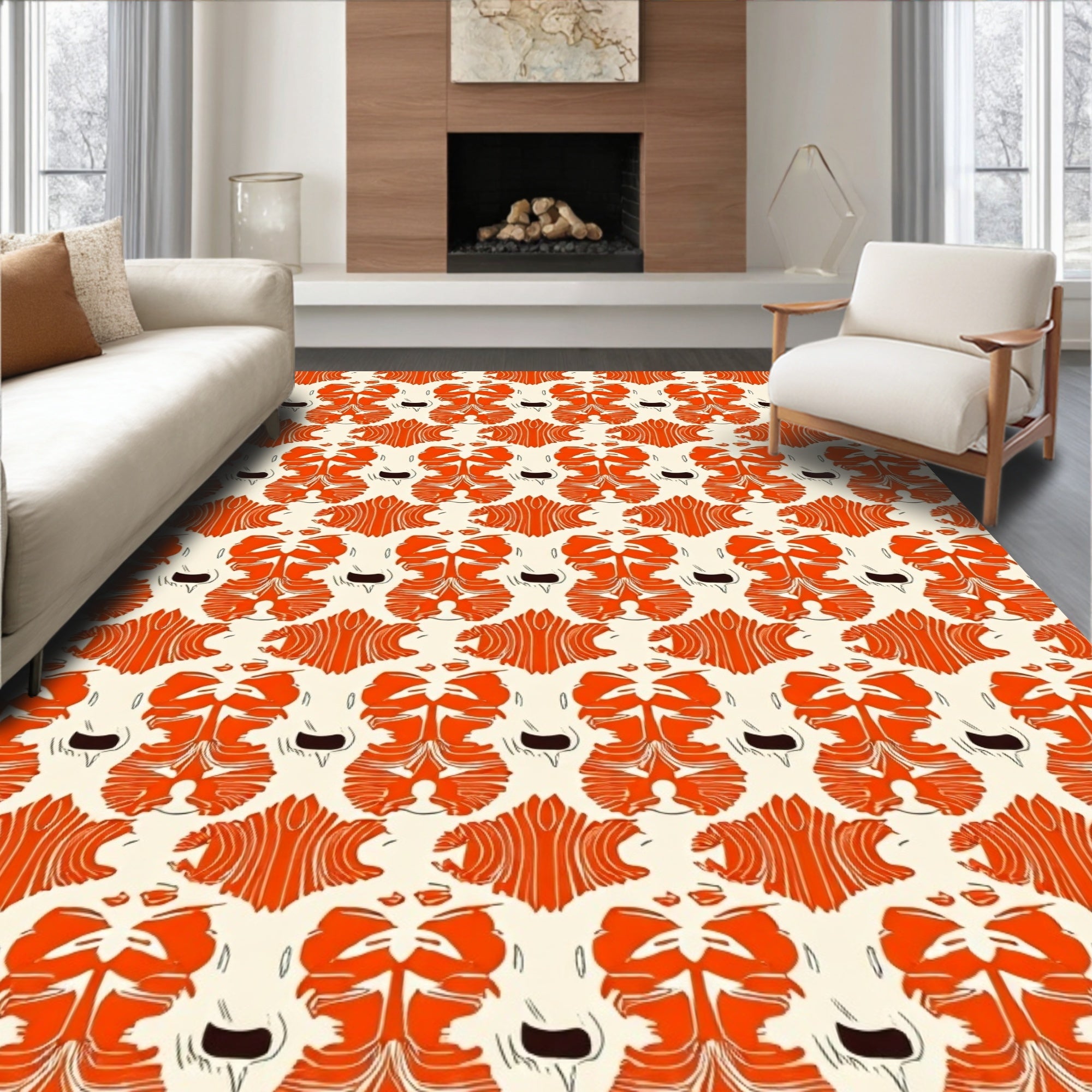 Vibrant Orange Symmetrical Organic Pattern Rug