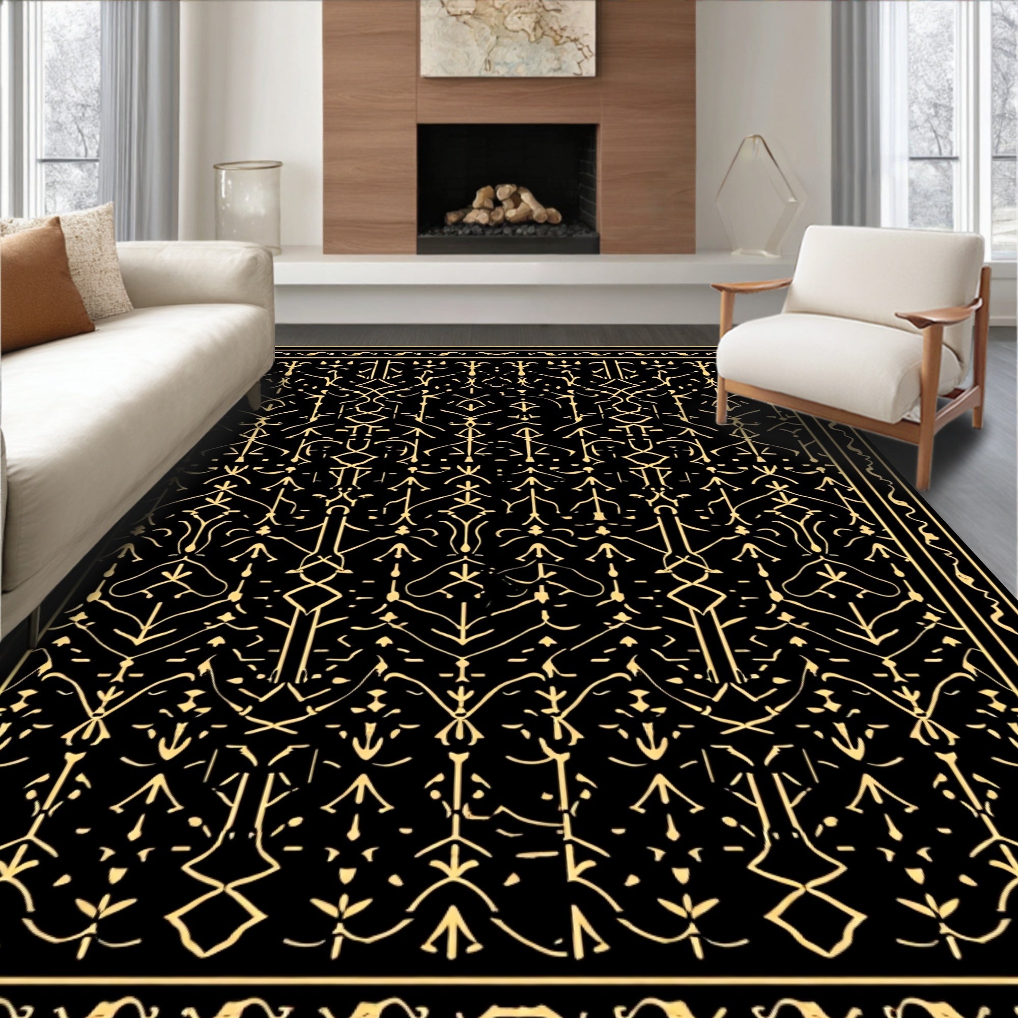 Ornate Black and Gold Geometric Pattern Rug