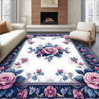 Pink Rose Floral Dark Blue Border Rug