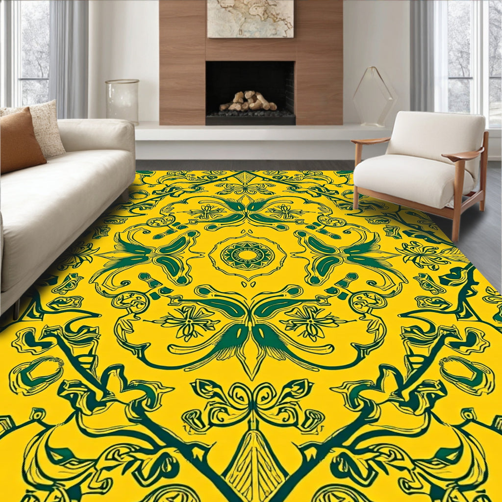 Yellow Green Floral Damask Pattern Rug