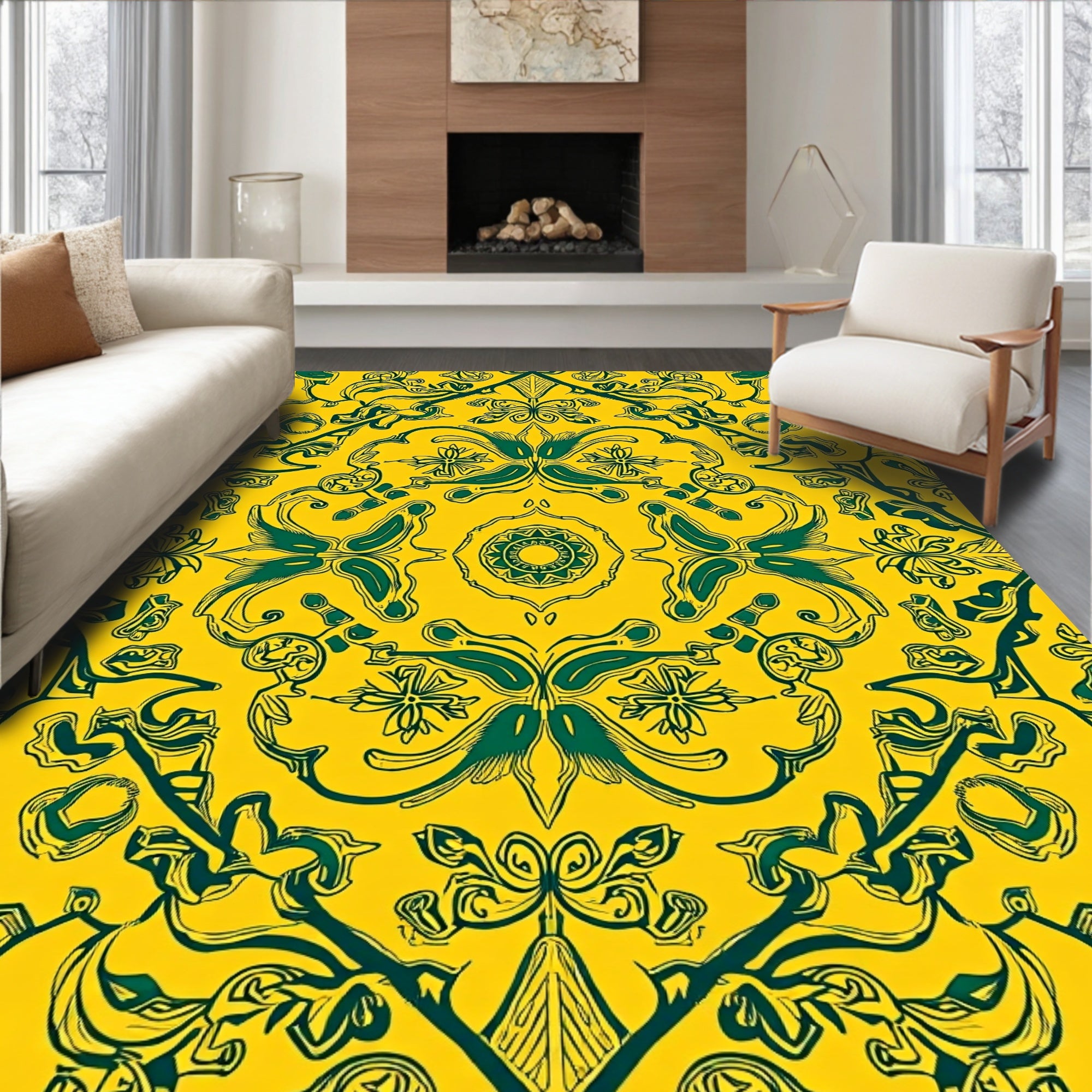 Yellow Green Floral Damask Pattern Rug