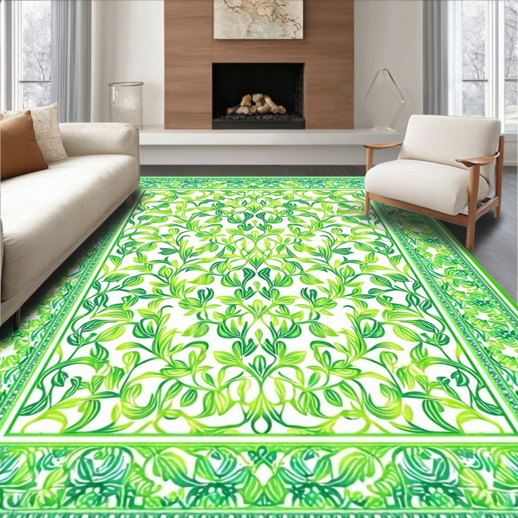 Lush Green Floral Vine Pattern Rug