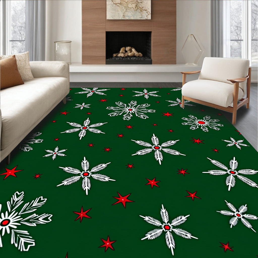 Festive White Snowflake Red Star Rug