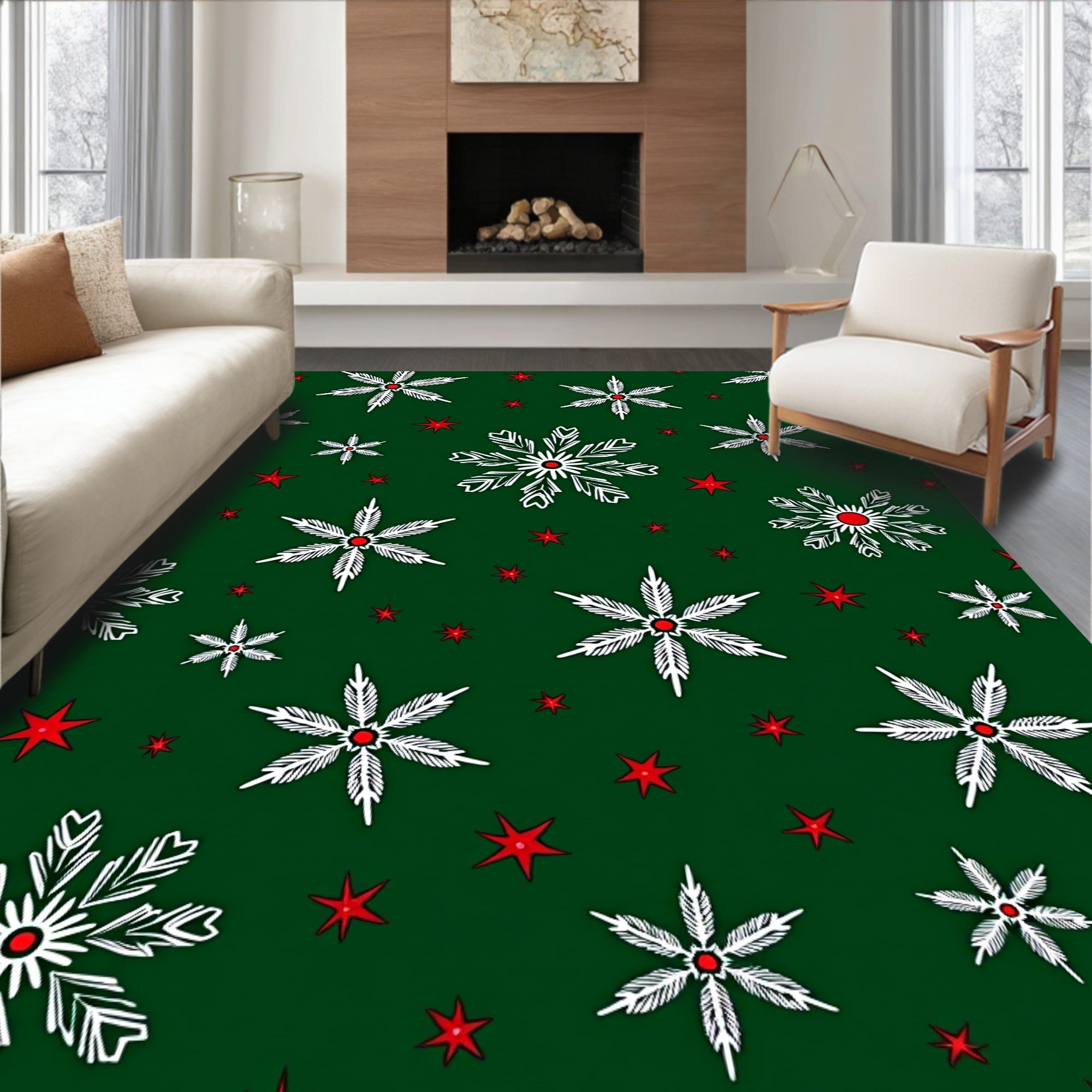 Festive White Snowflake Red Star Rug