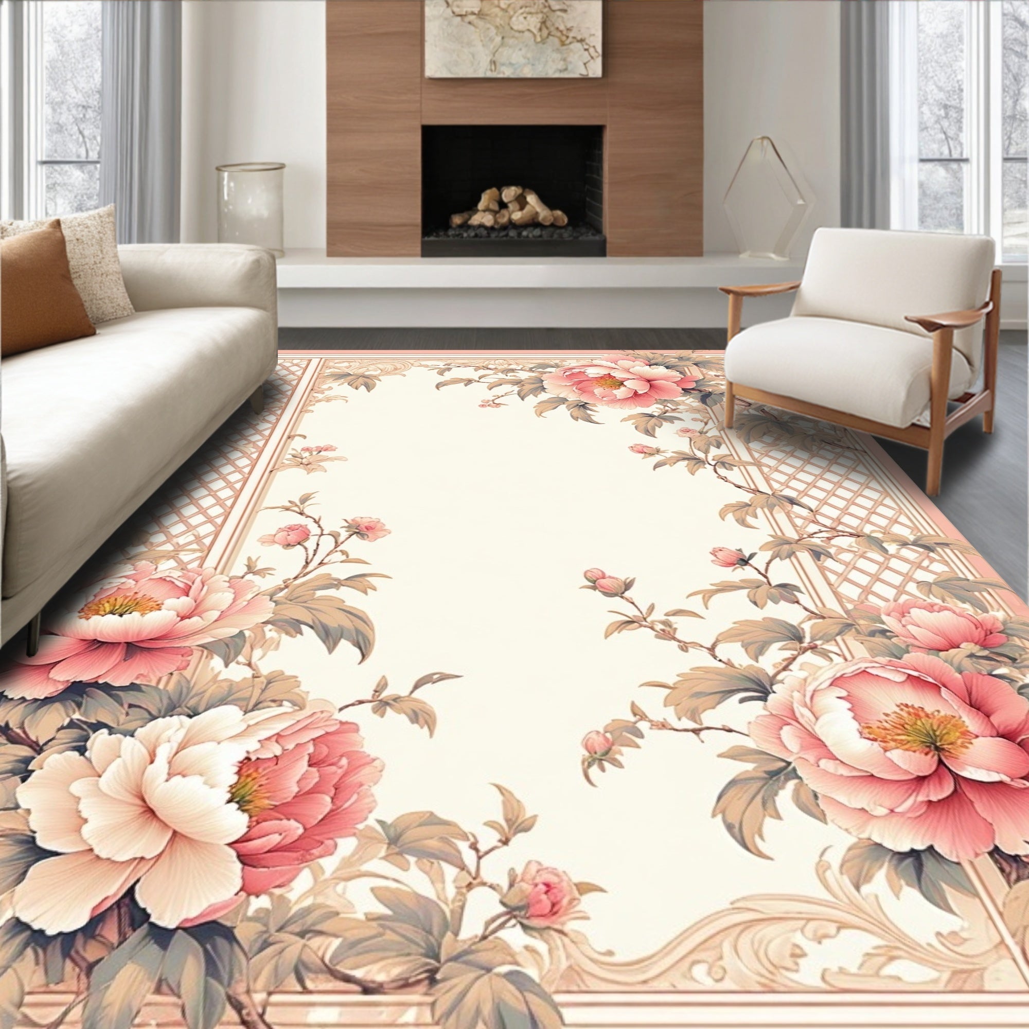 Vintage Peony Blossom Scrollwork Rug
