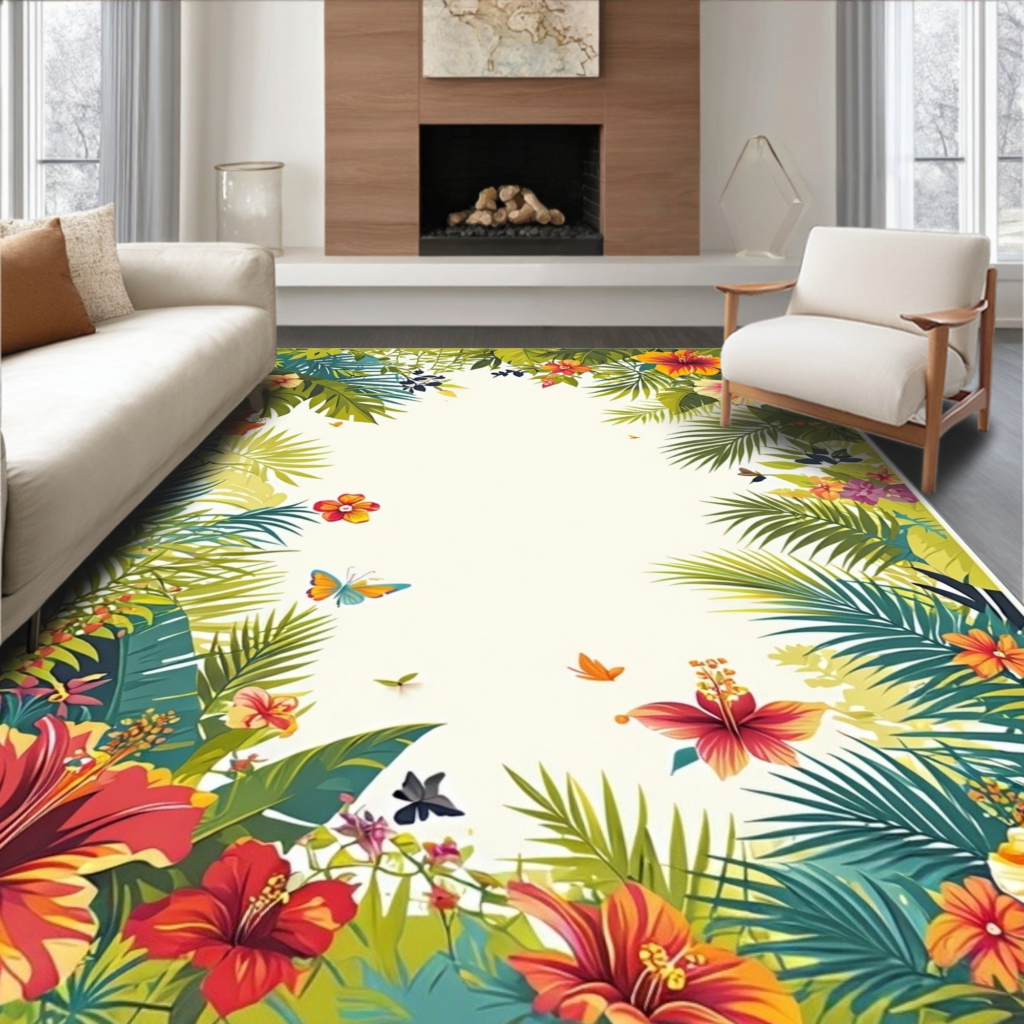 Vibrant Tropical Floral Butterfly Garden Rug